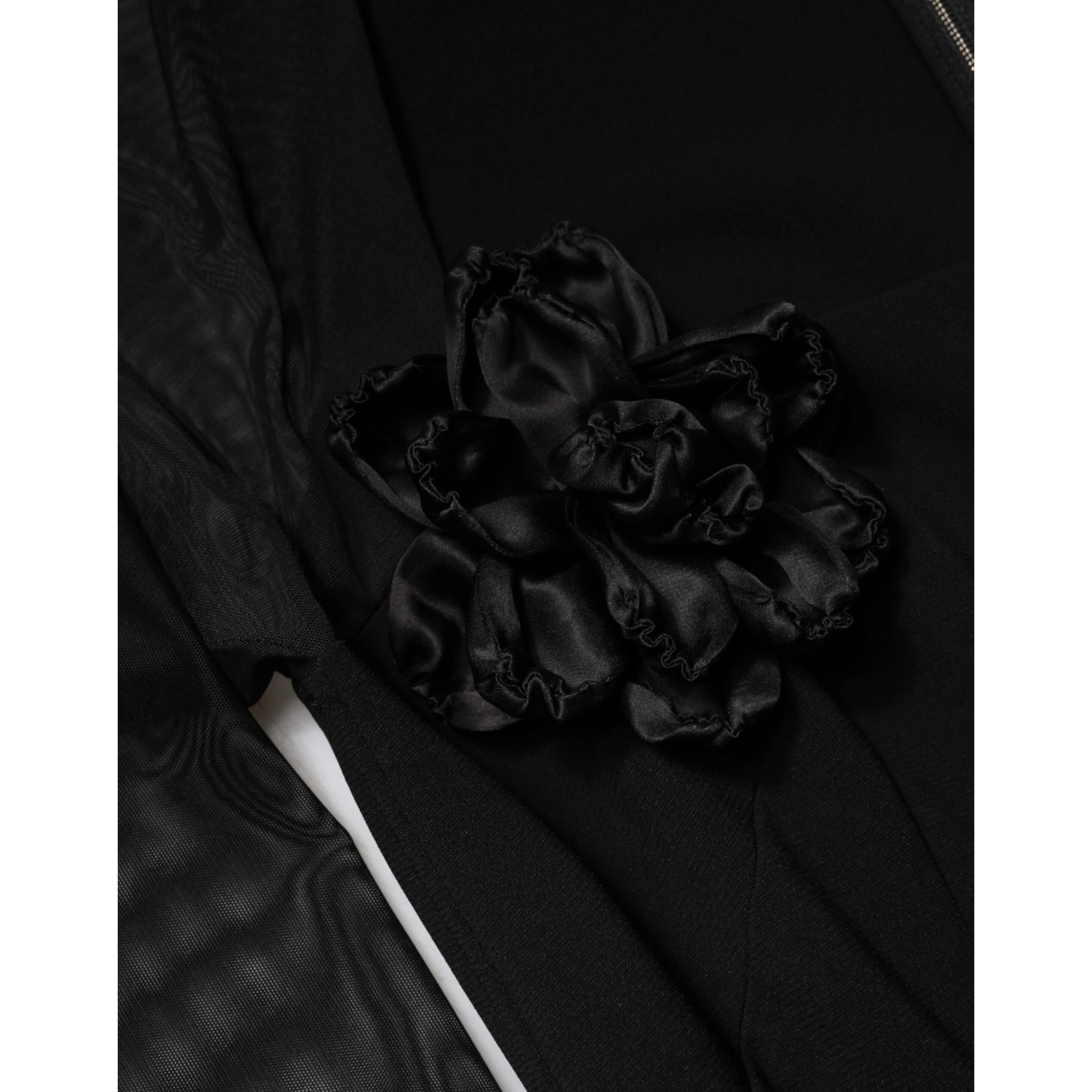 Black Sheer Yoke Rosette Sheath Midi Dress