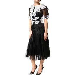 Black White Silk Macrame Lace Midi Dress
