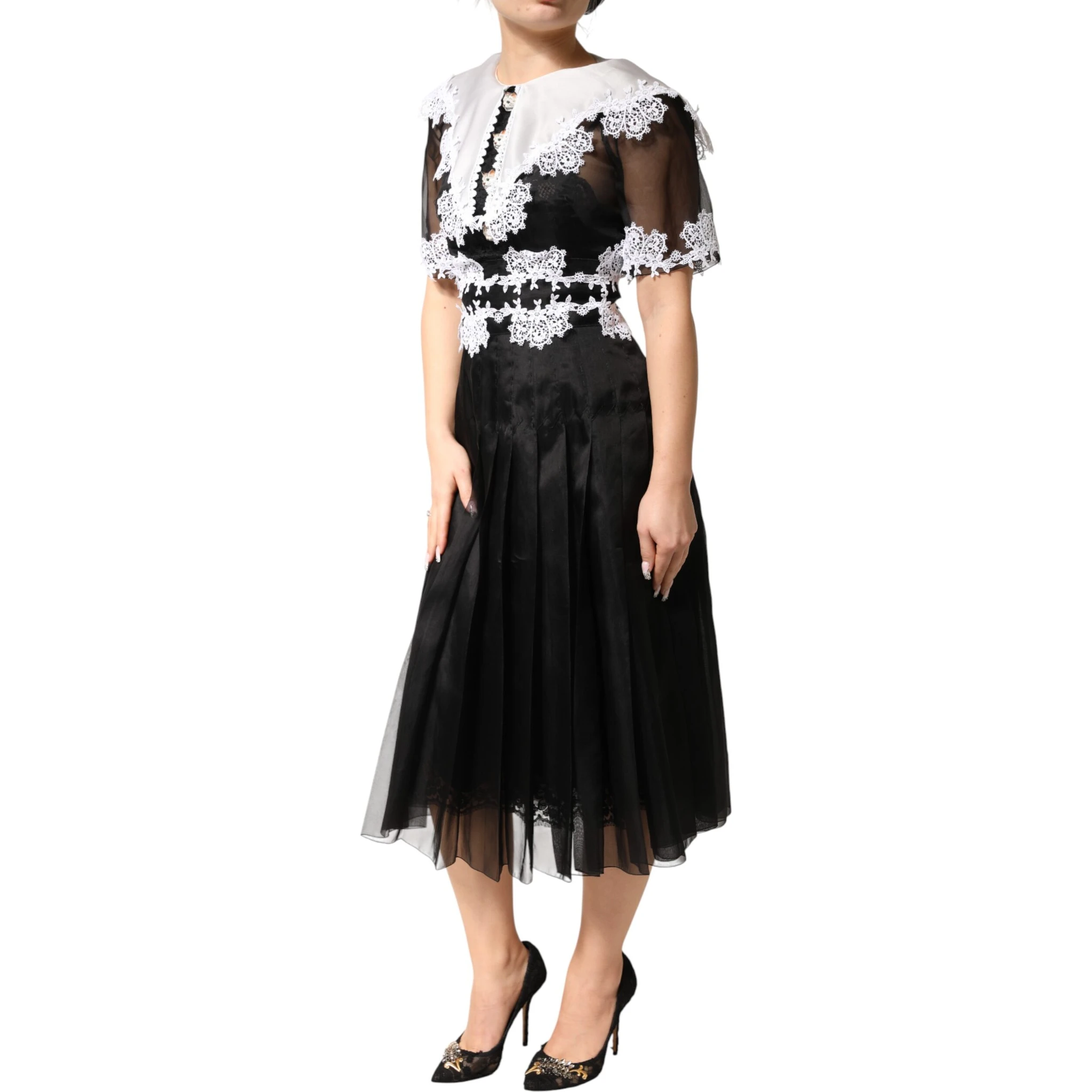 Black White Silk Macrame Lace Midi Dress