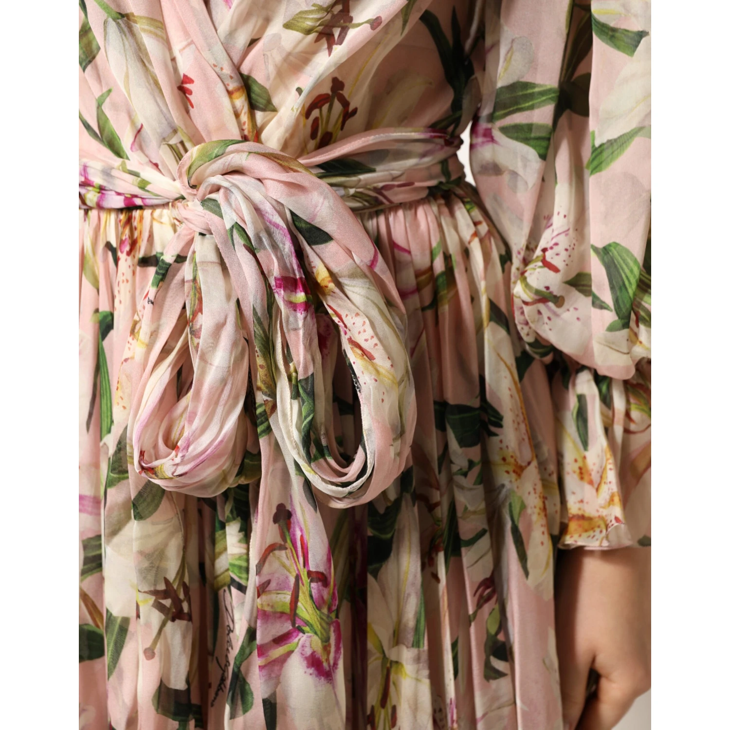 Pink Lily Print A-line Pleated Maxi Dress