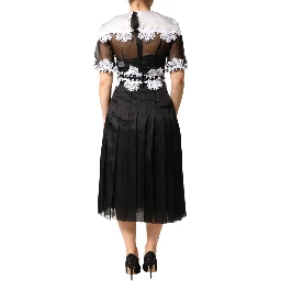 Black White Silk Macrame Lace Midi Dress