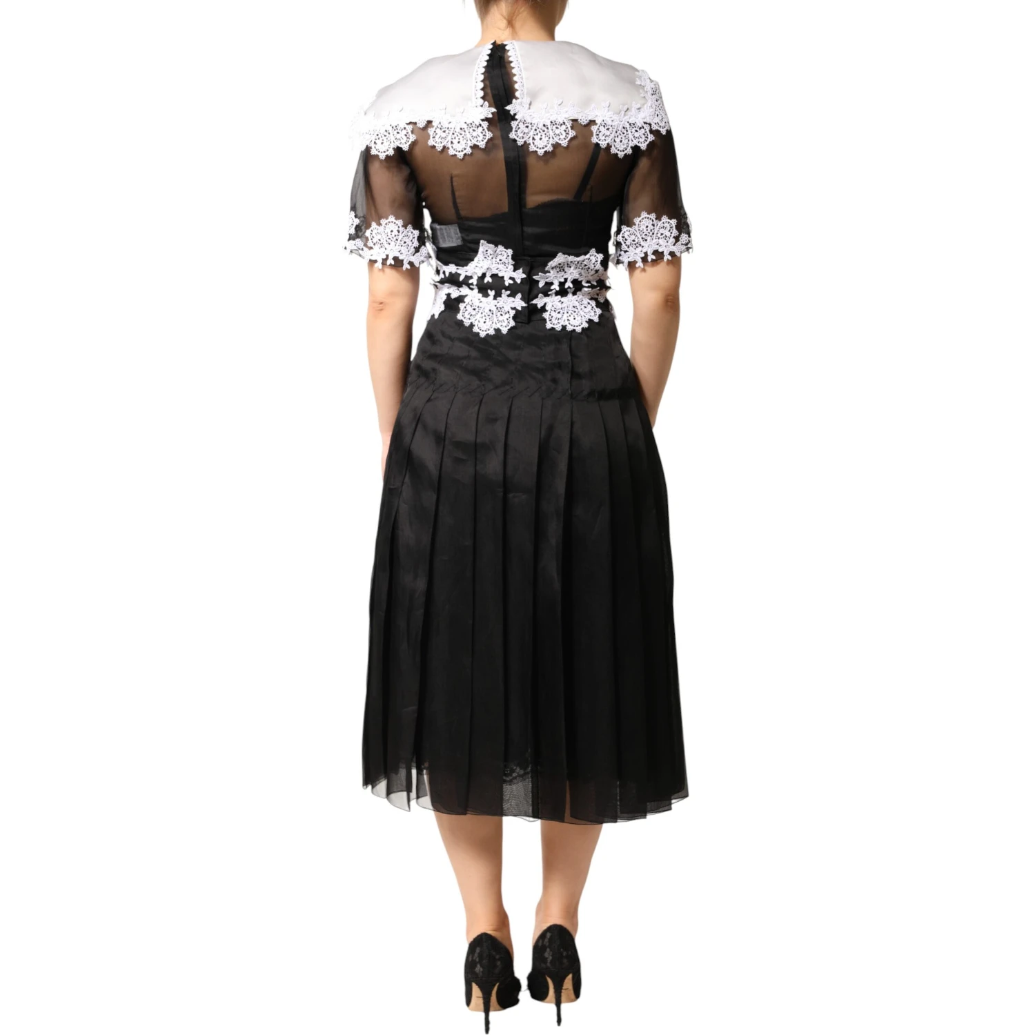 Black White Silk Macrame Lace Midi Dress