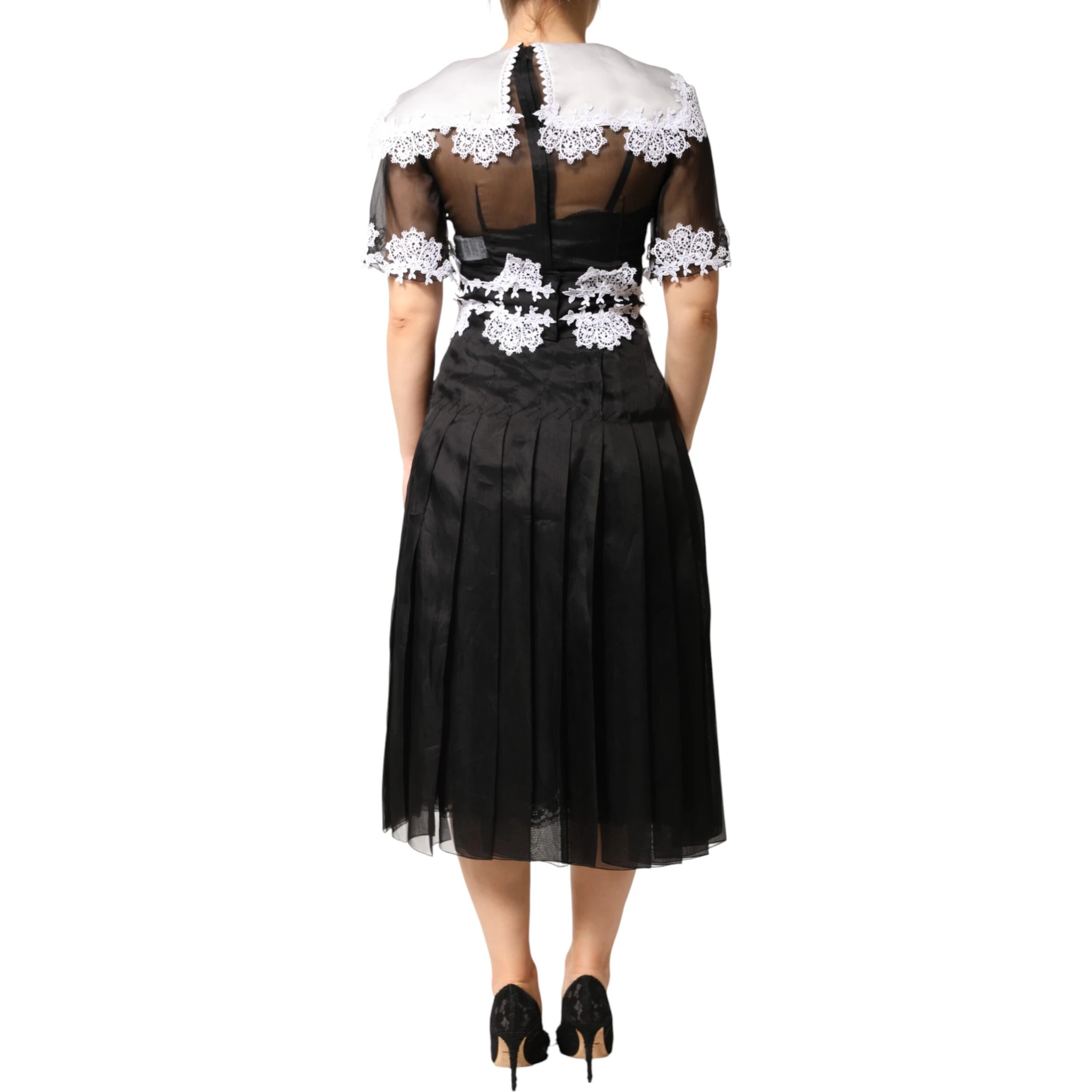 Black White Silk Macrame Lace Midi Dress