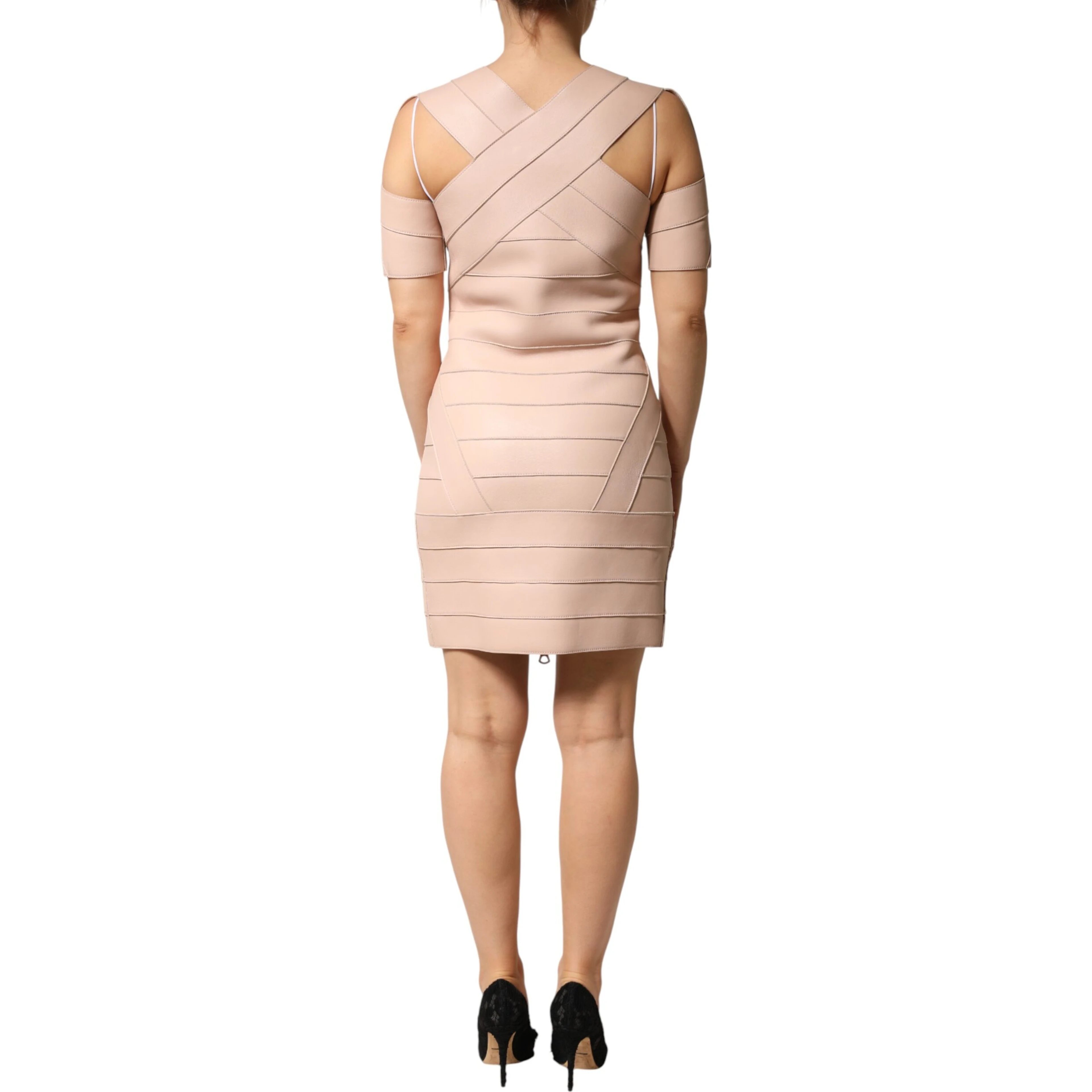 Beige Leather Short Sleeves Sheath Mini Dress