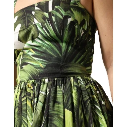 Green Leaves Print Cotton Halter Midi Dress