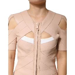 Beige Leather Short Sleeves Sheath Mini Dress