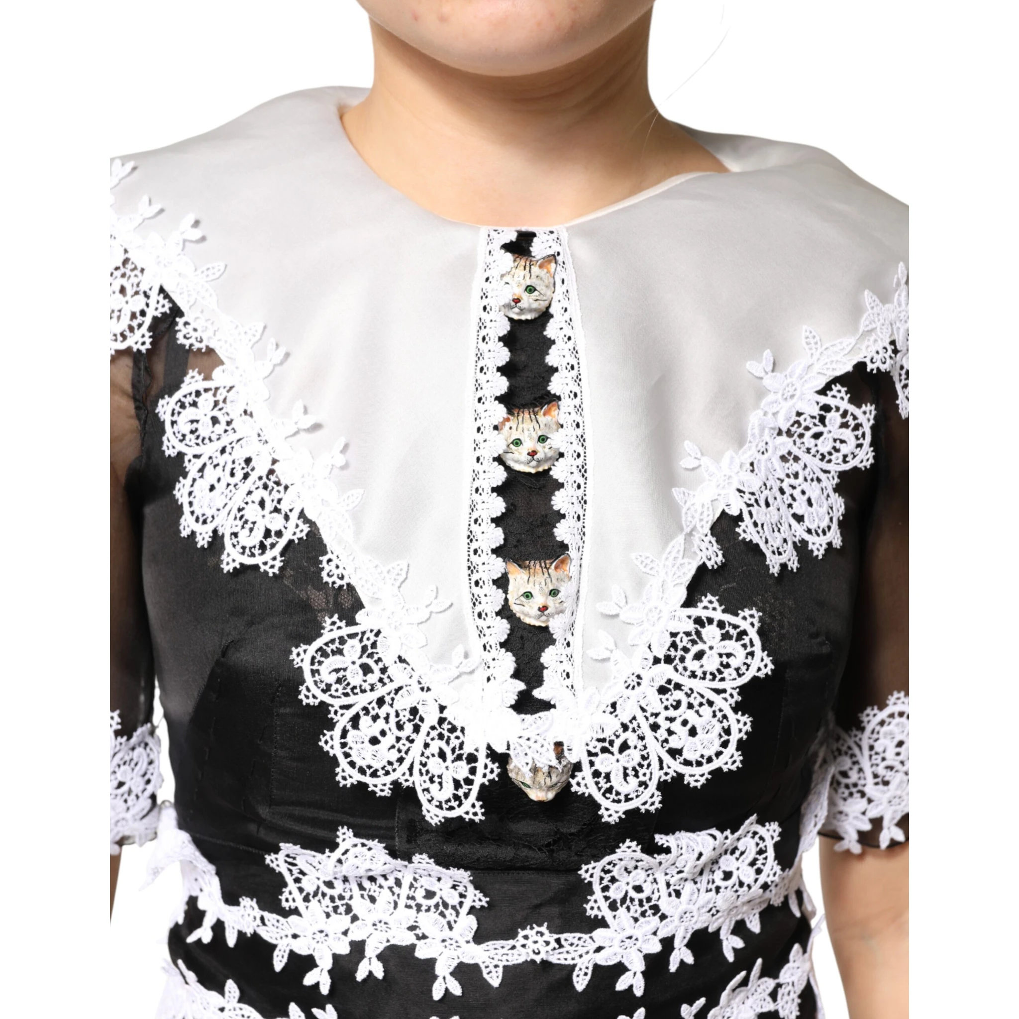 Black White Silk Macrame Lace Midi Dress