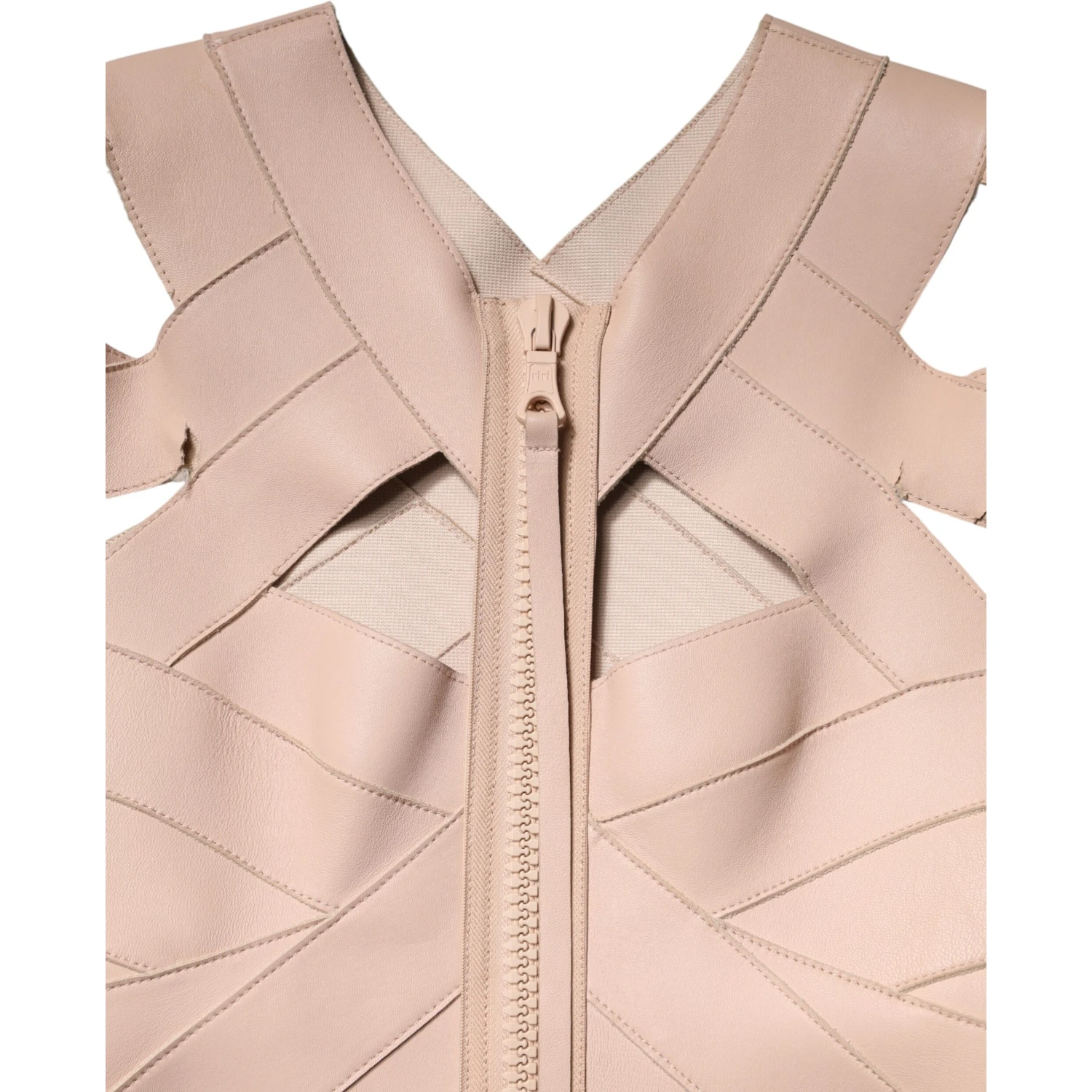 Beige Leather Short Sleeves Sheath Mini Dress