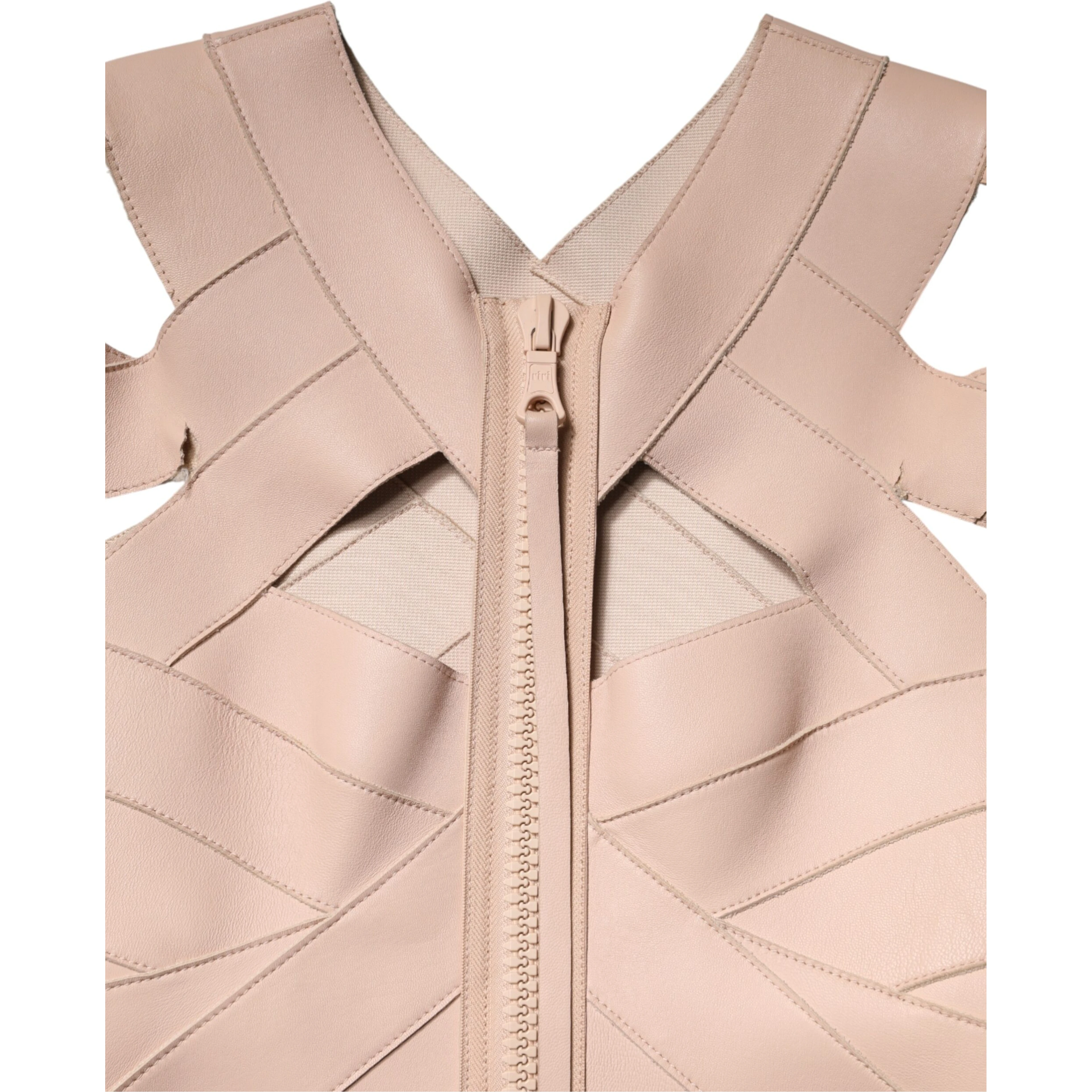 Beige Leather Short Sleeves Sheath Mini Dress