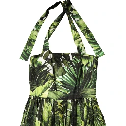Green Leaves Print Cotton Halter Midi Dress