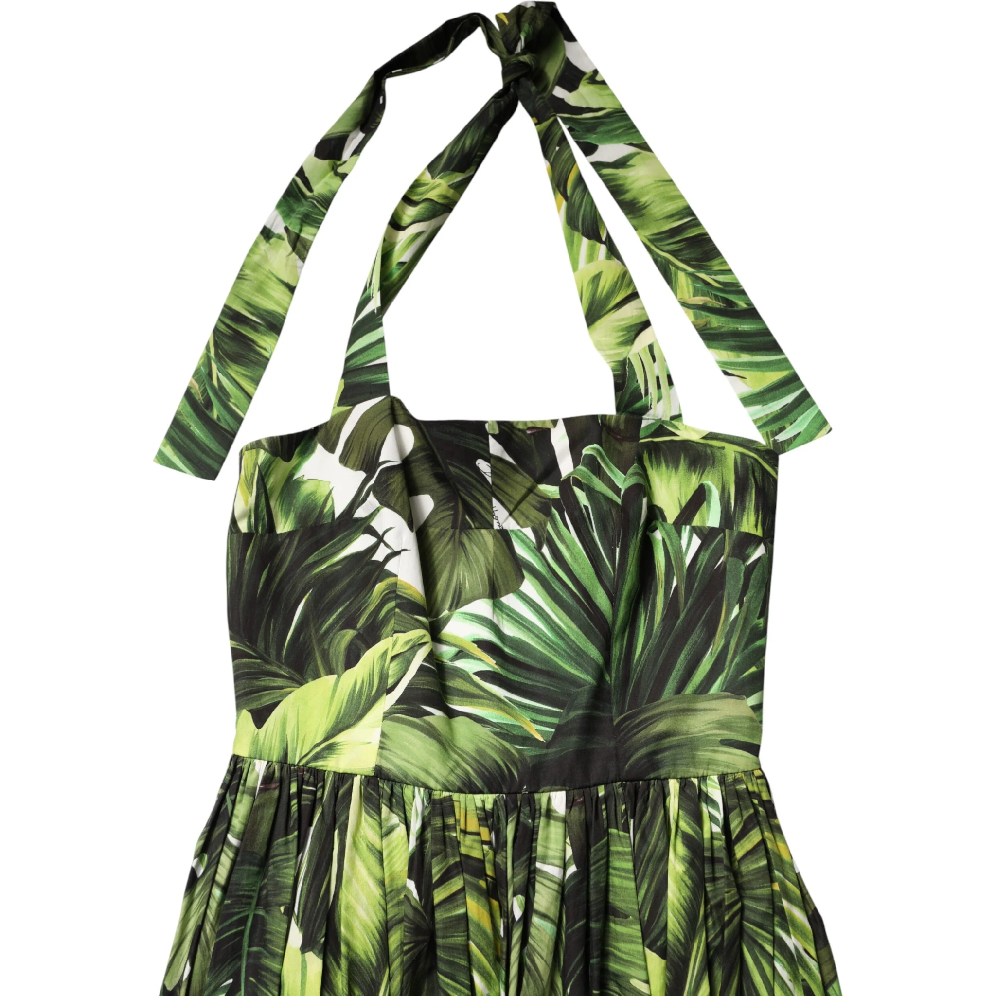 Green Leaves Print Cotton Halter Midi Dress