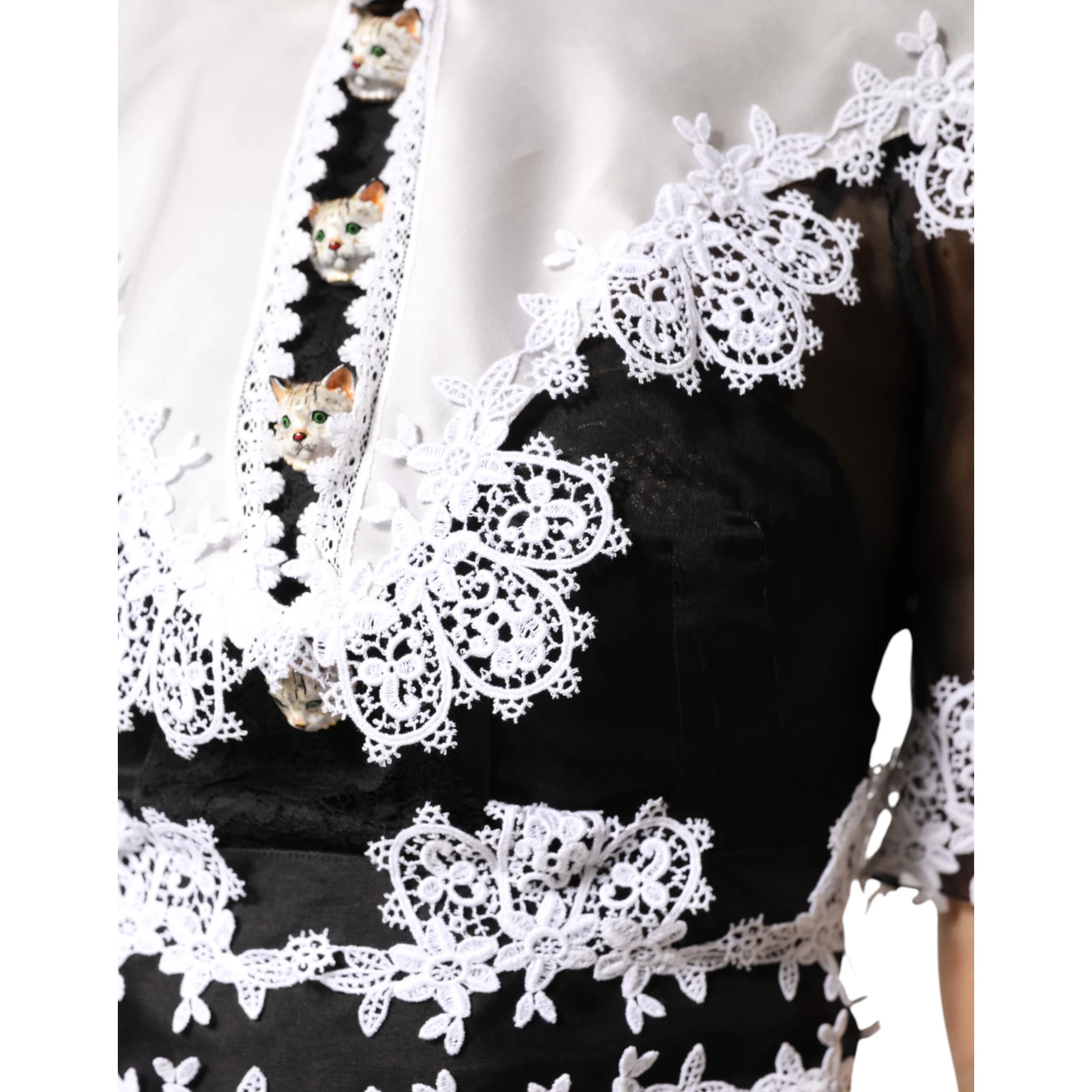 Black White Silk Macrame Lace Midi Dress
