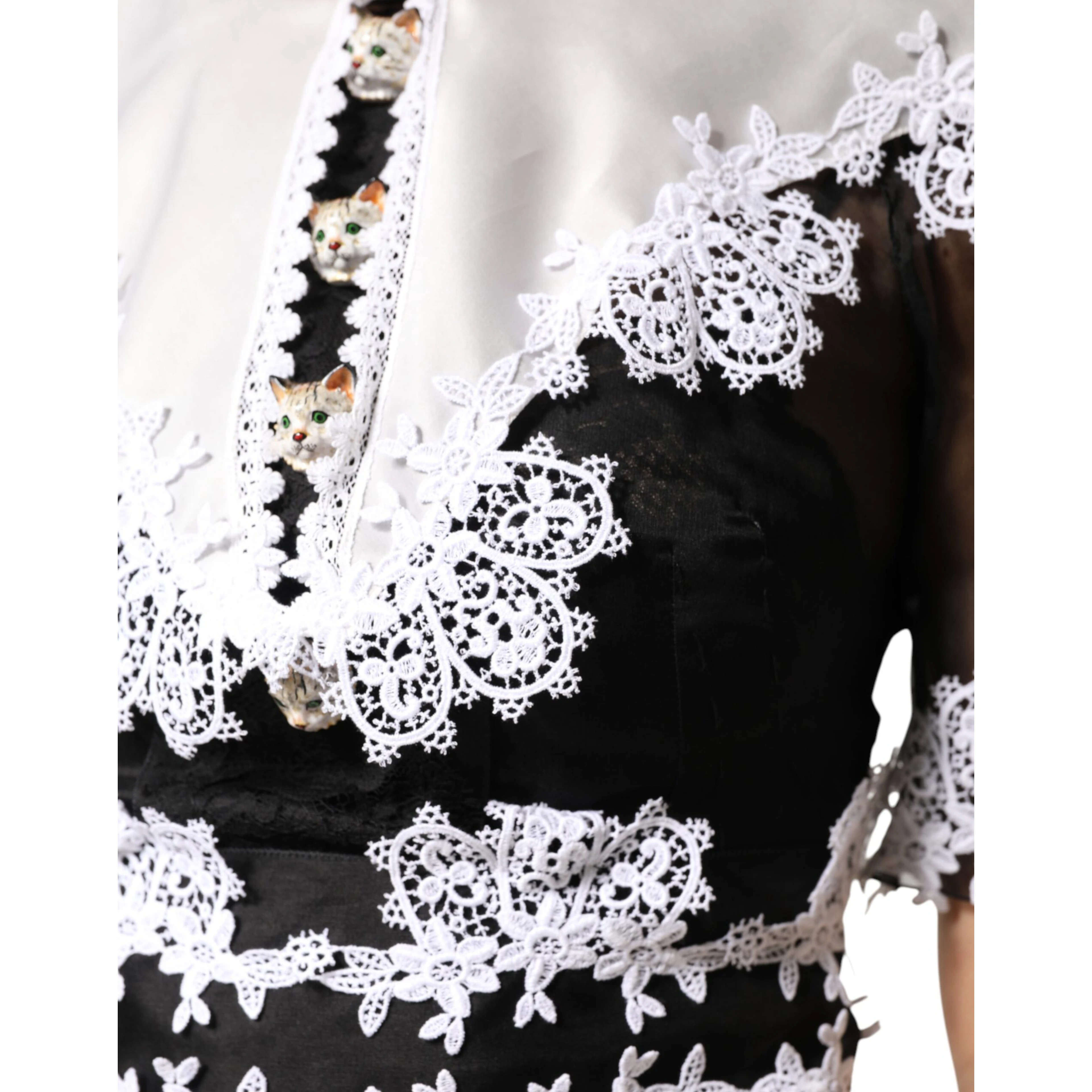 Black White Silk Macrame Lace Midi Dress