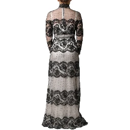 Black White Lace Silk Blend MaxiSheath Dress