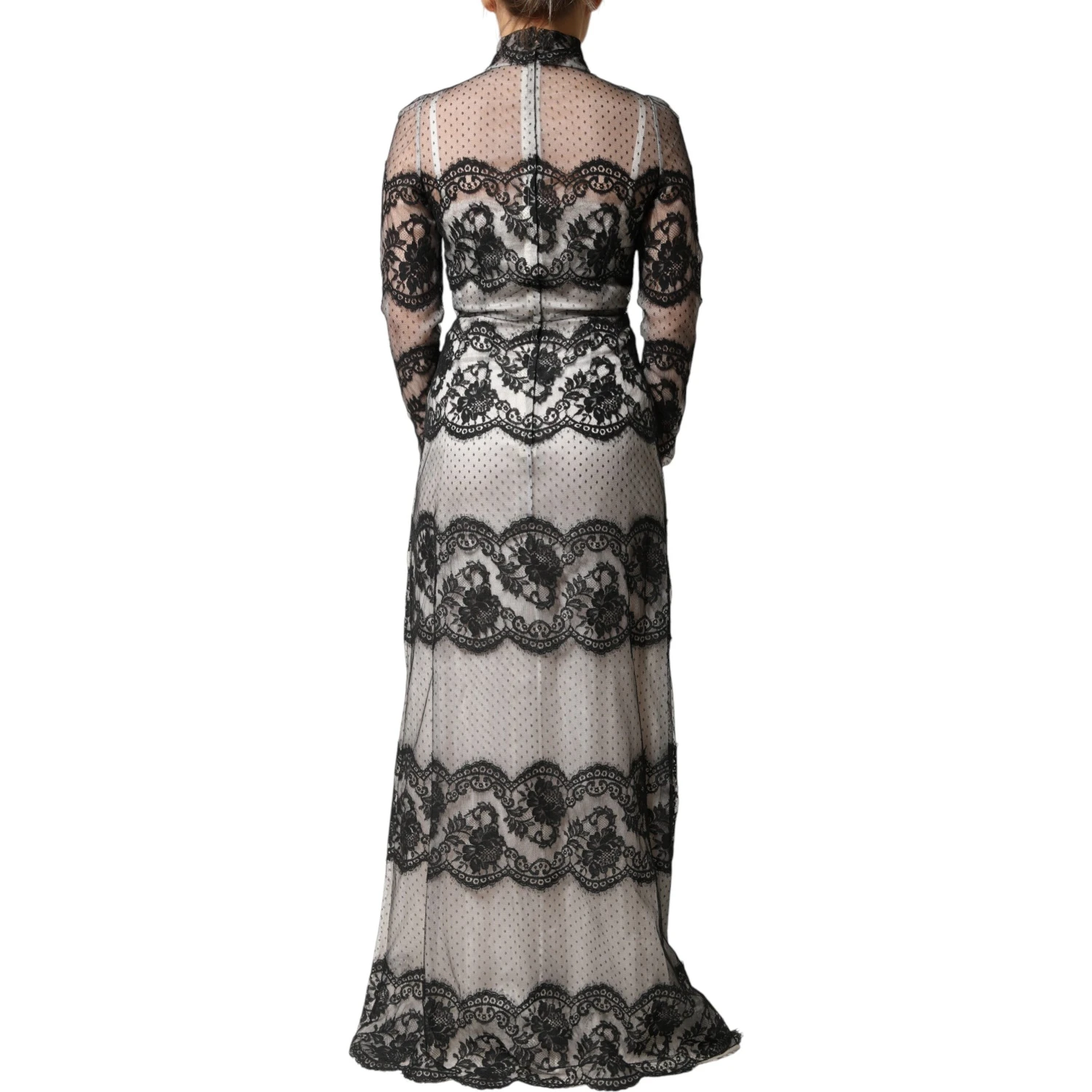 Black White Lace Silk Blend MaxiSheath Dress