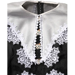 Black White Silk Macrame Lace Midi Dress