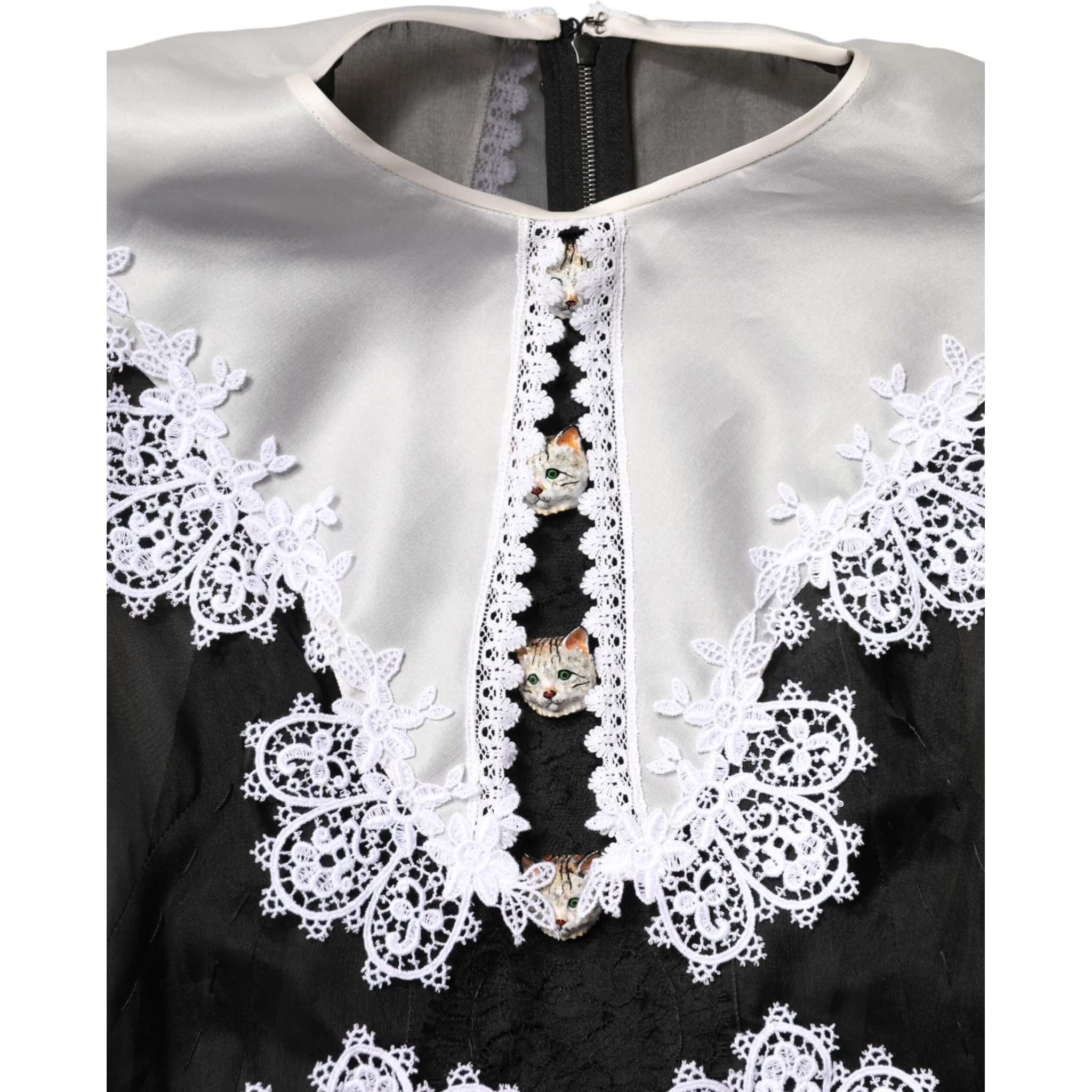 Black White Silk Macrame Lace Midi Dress