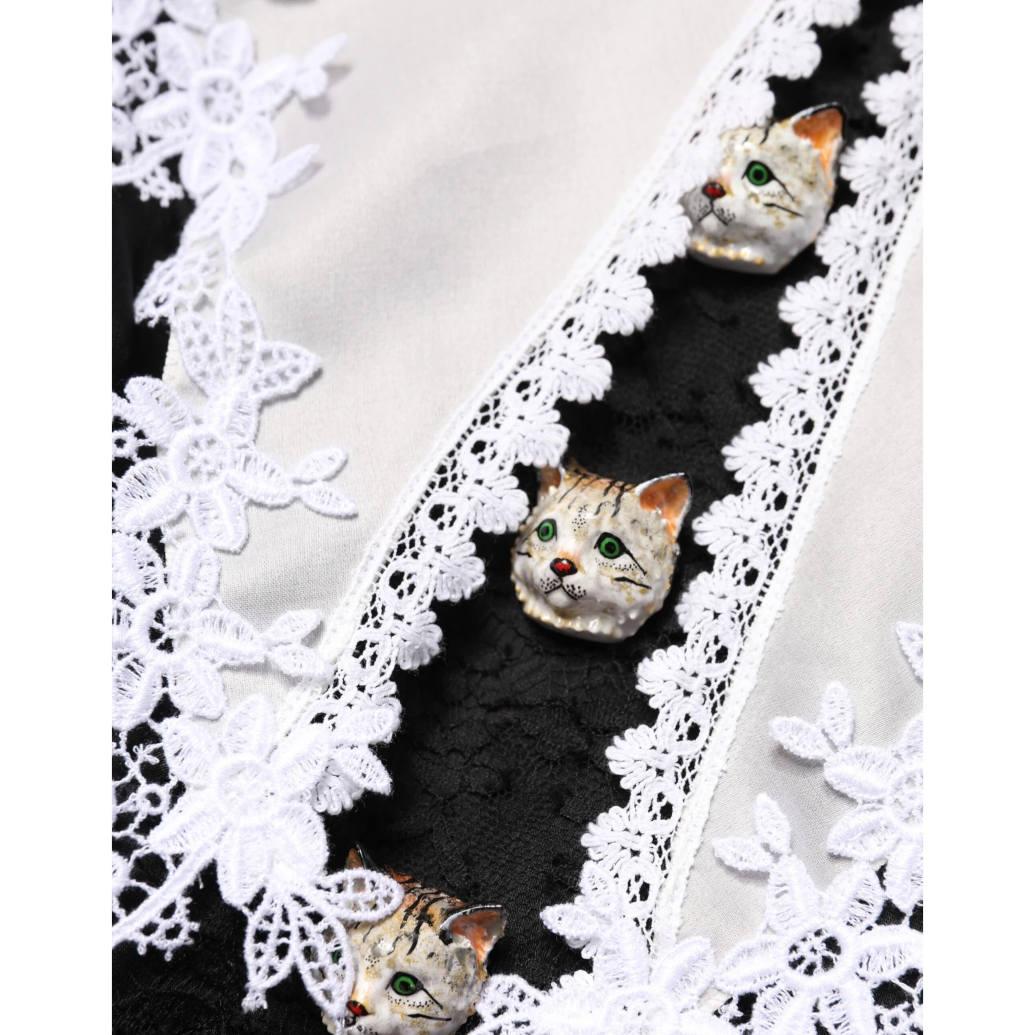 Black White Silk Macrame Lace Midi Dress