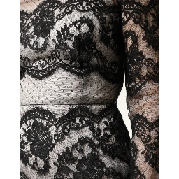 Black White Lace Silk Blend MaxiSheath Dress