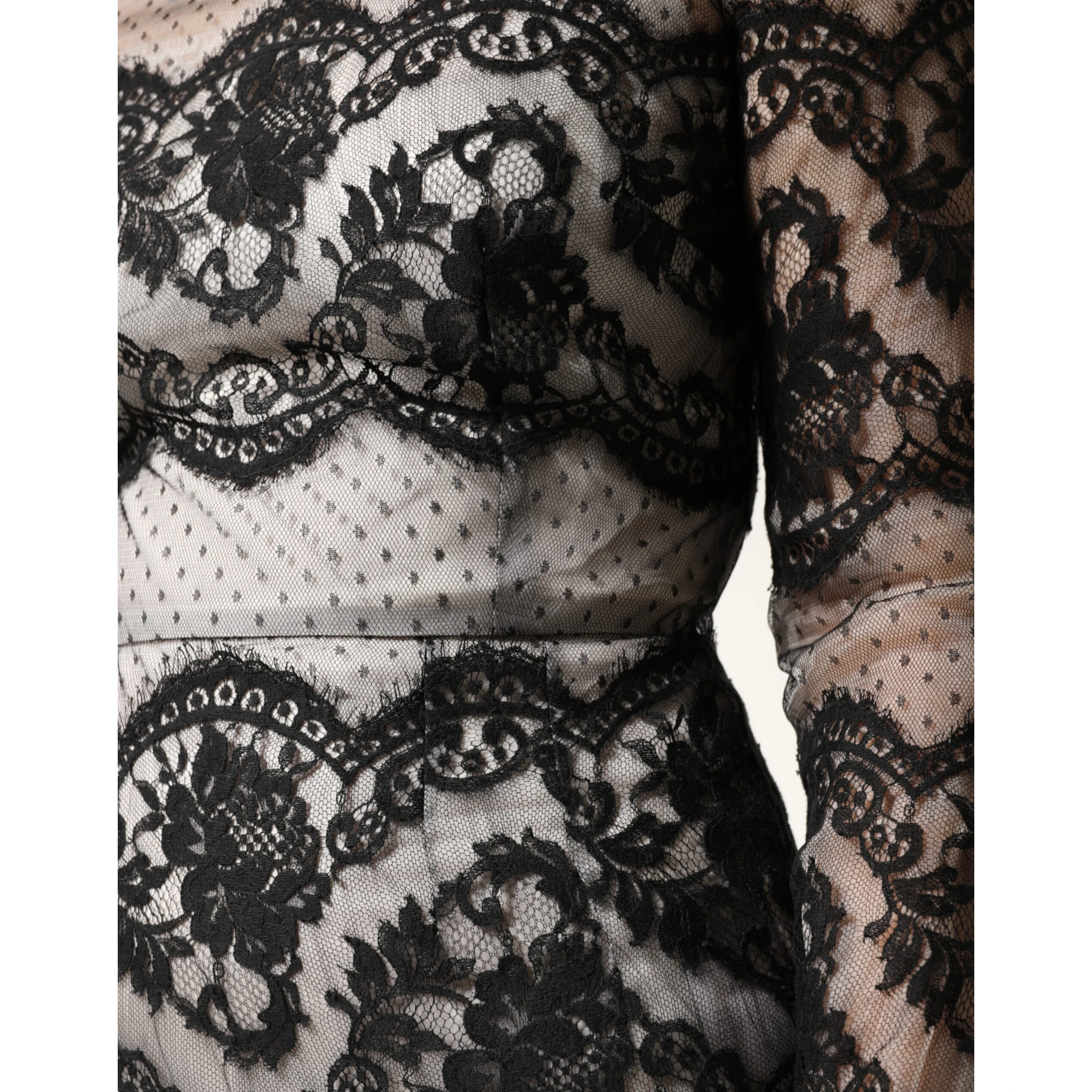 Black White Lace Silk Blend MaxiSheath Dress
