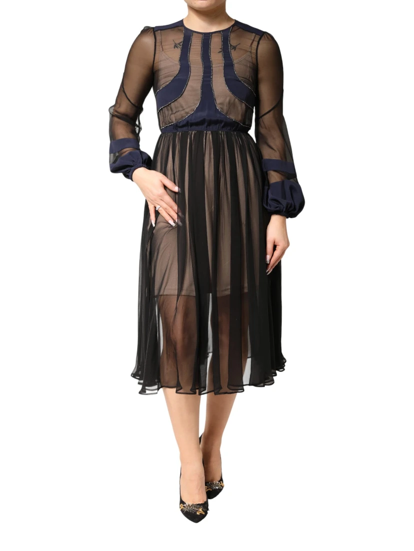 Blue Long Sleeves Sheer Silk Sheath A-line Midi Dress