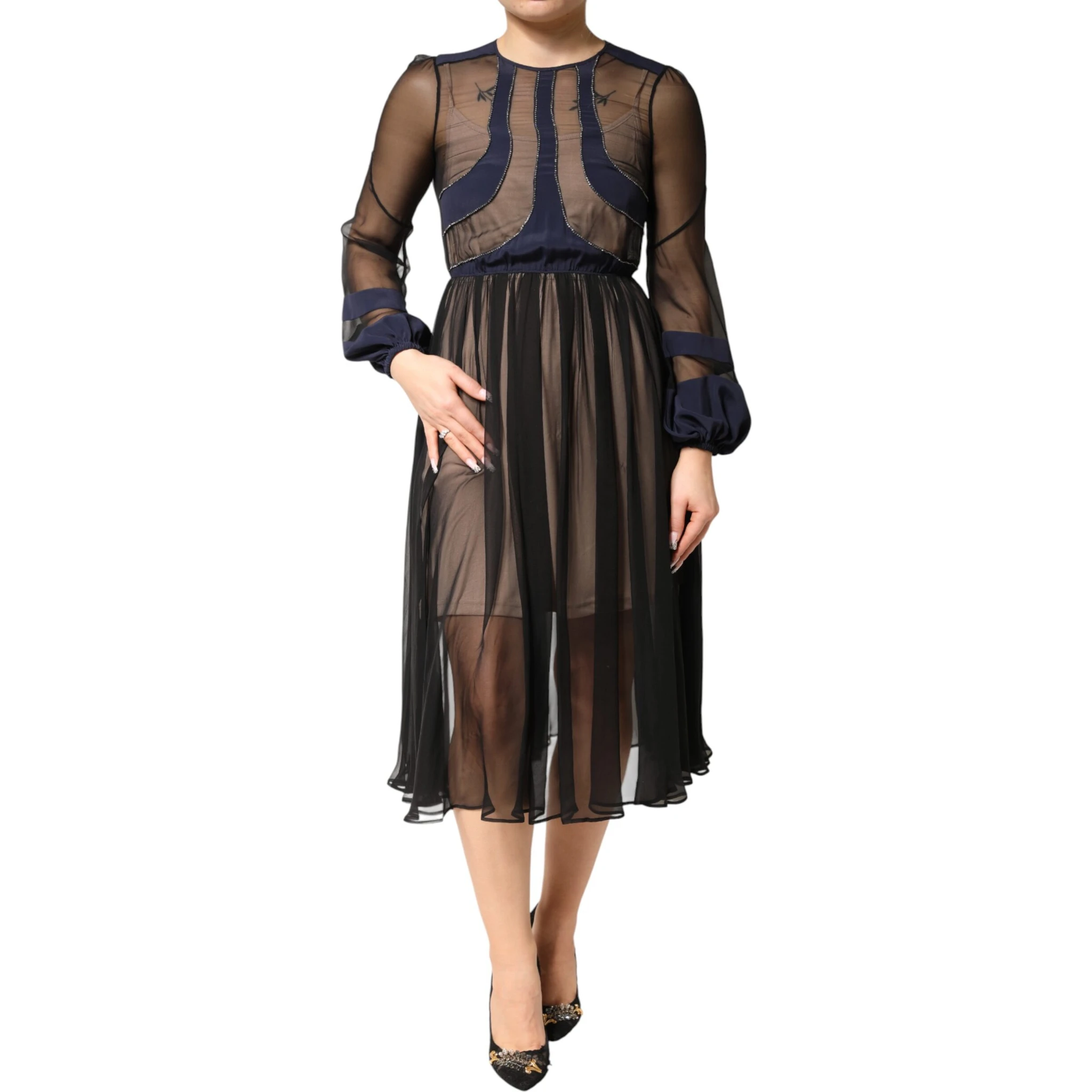 Blue Long Sleeves Sheer Silk Sheath A-line Midi Dress