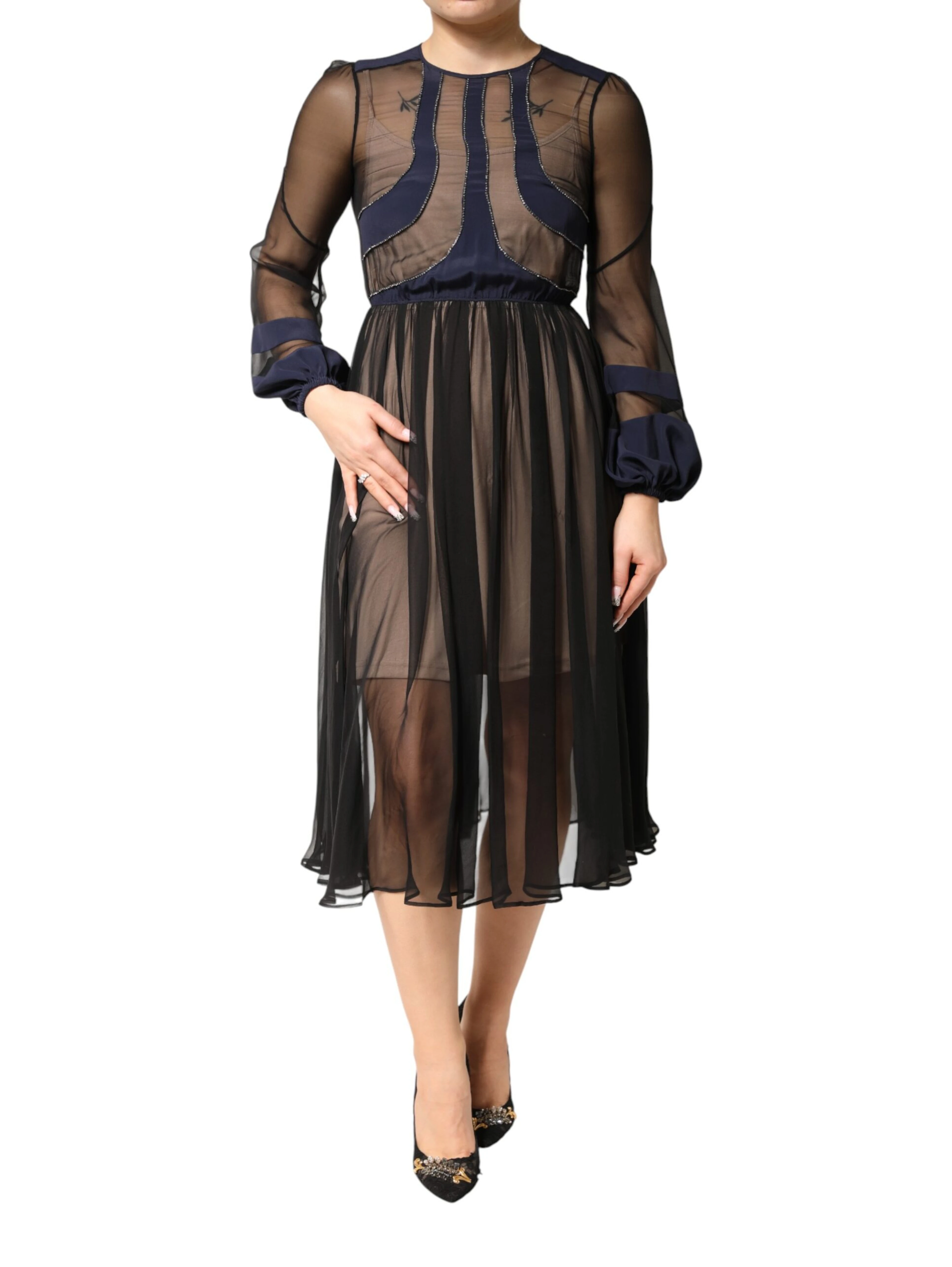 Blue Long Sleeves Sheer Silk Sheath A-line Midi Dress