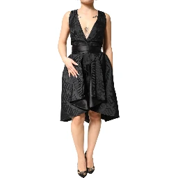 Black Jacquard Deep V-neck Sleeveless 2 Pc Dress