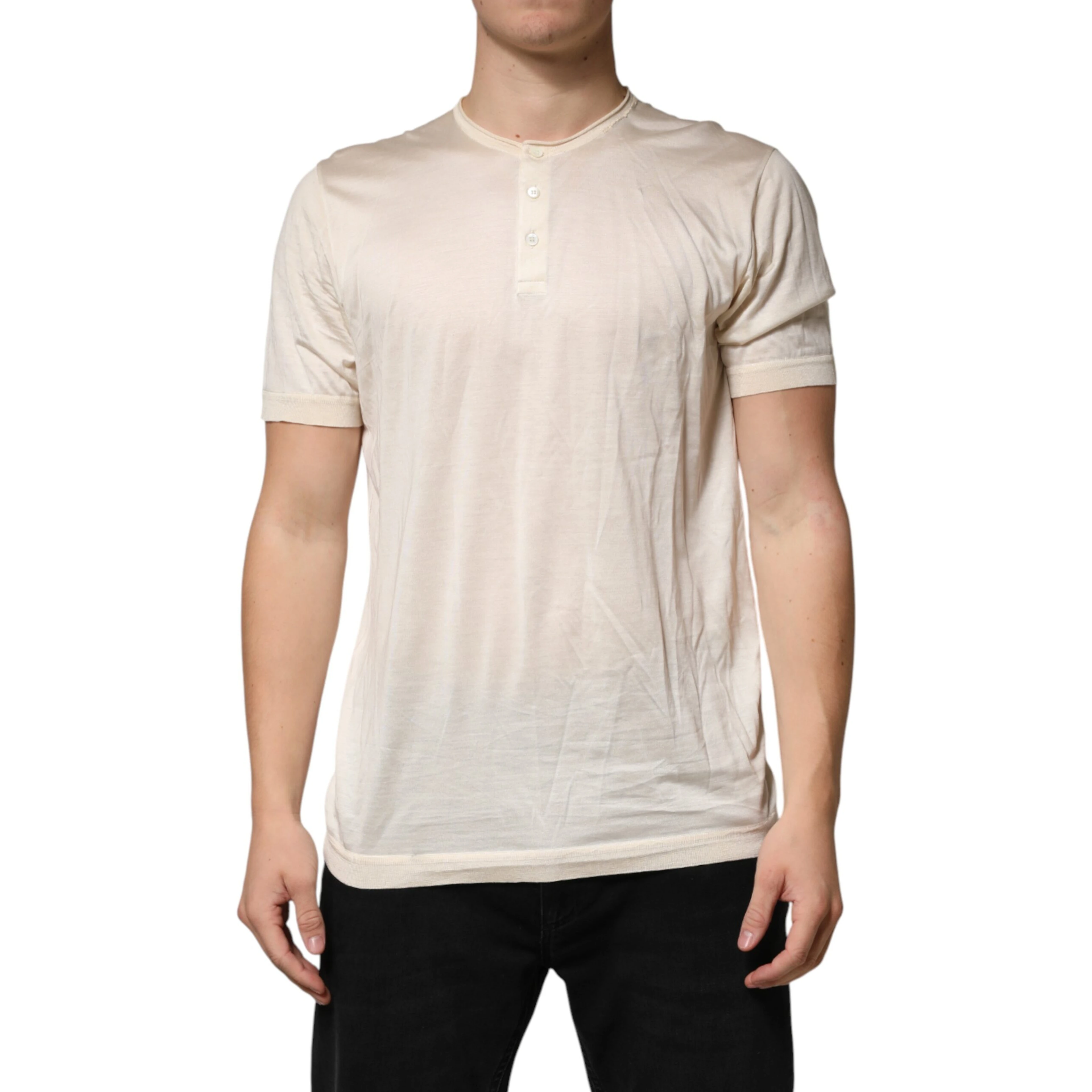 Off White Cotton Blend Men Henley T-shirt