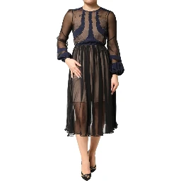 Blue Long Sleeves Sheer Silk Sheath A-line Midi Dress