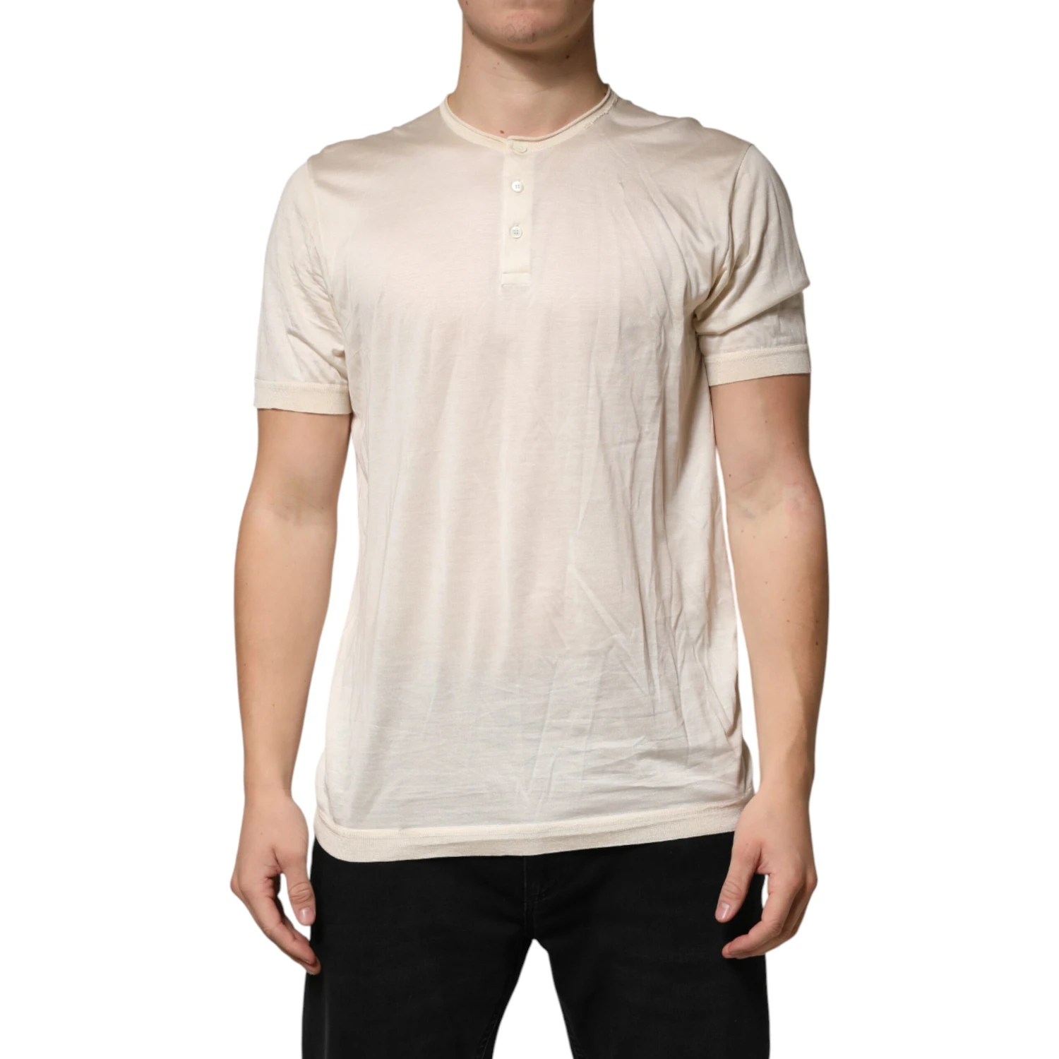 Off White Cotton Blend Men Henley T-shirt