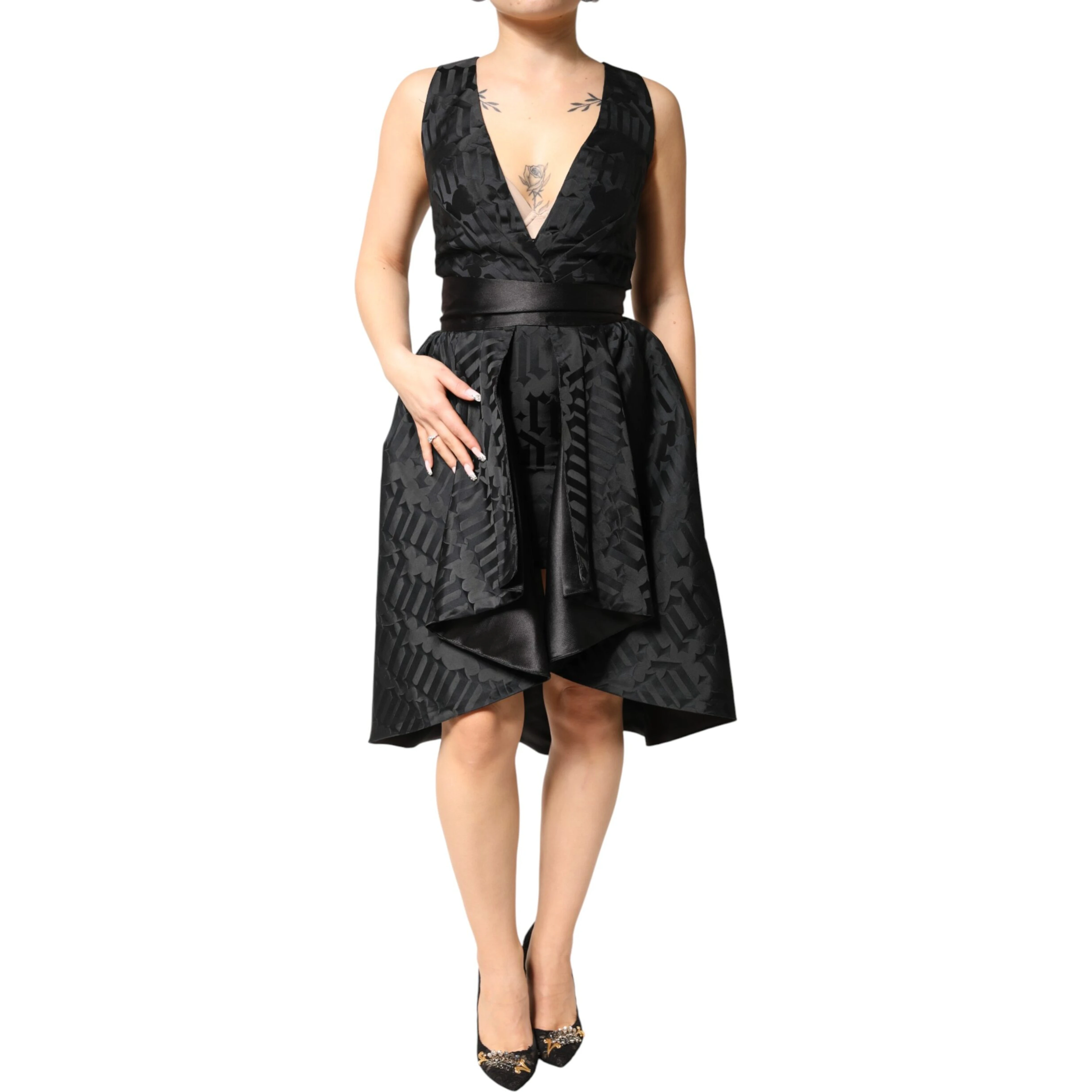 Black Jacquard Deep V-neck Sleeveless 2 Pc Dress