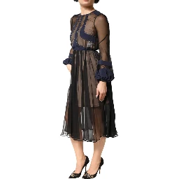 Blue Long Sleeves Sheer Silk Sheath A-line Midi Dress