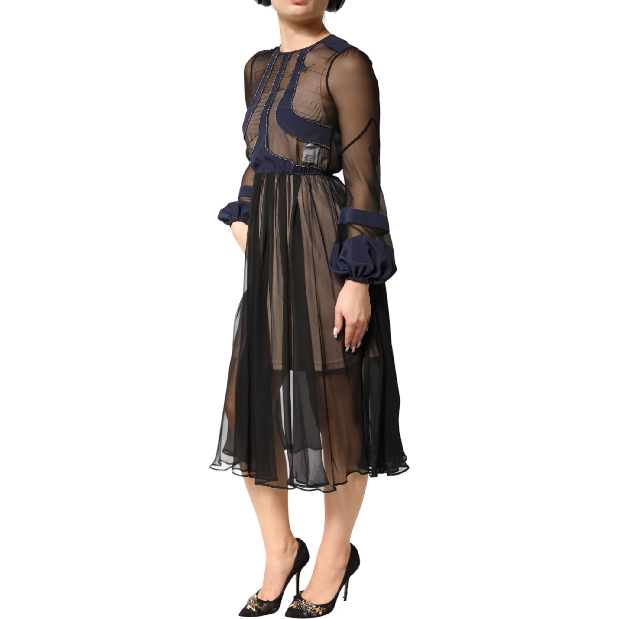 Blue Long Sleeves Sheer Silk Sheath A-line Midi Dress