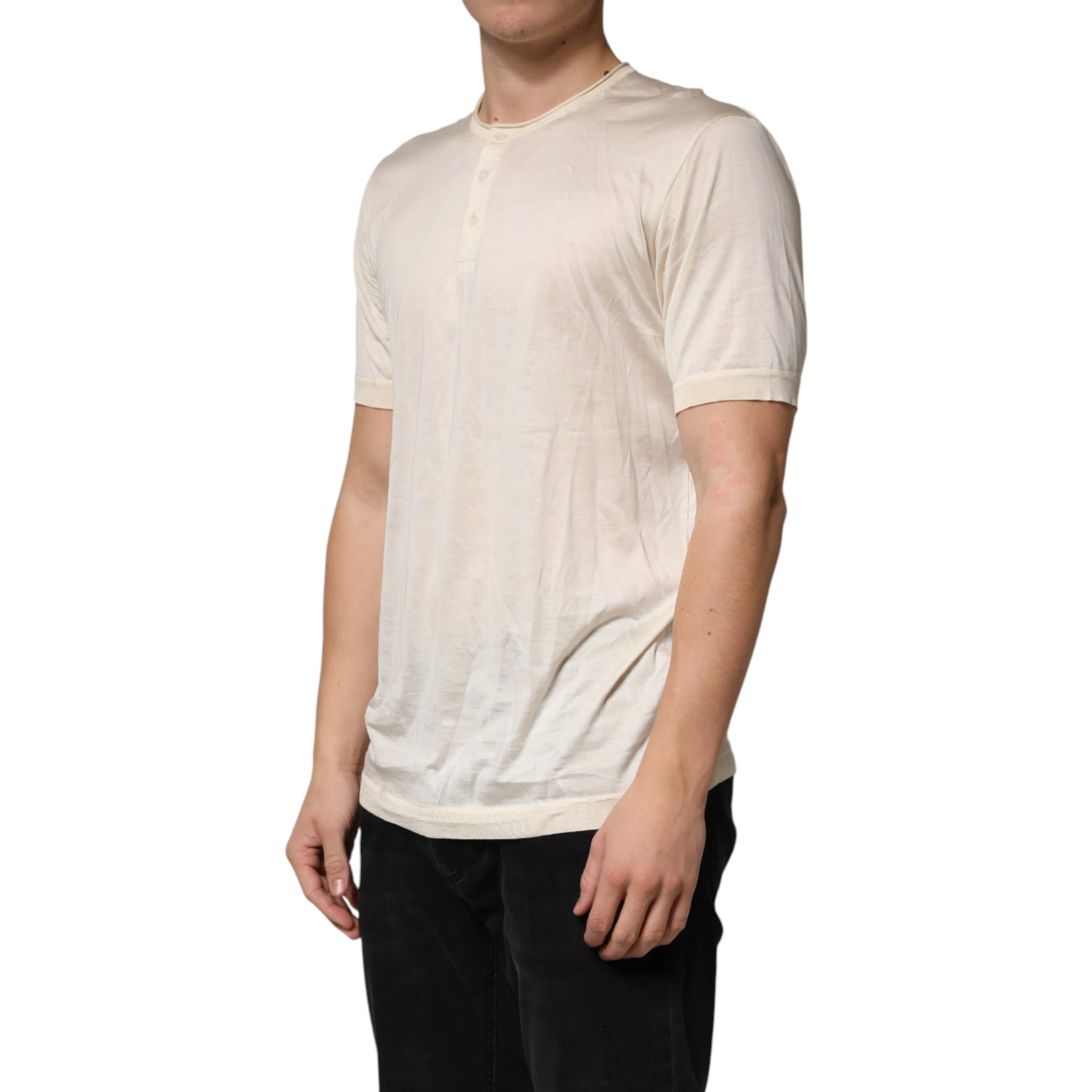 Off White Cotton Blend Men Henley T-shirt