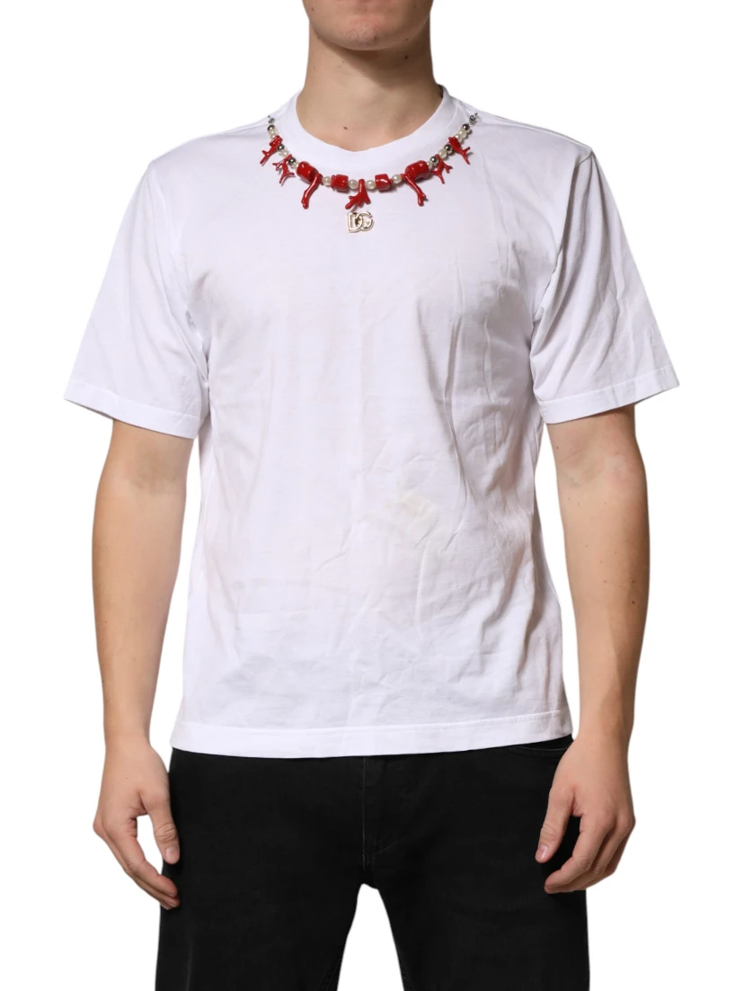 White Cotton Necklace Embellished T-shirt