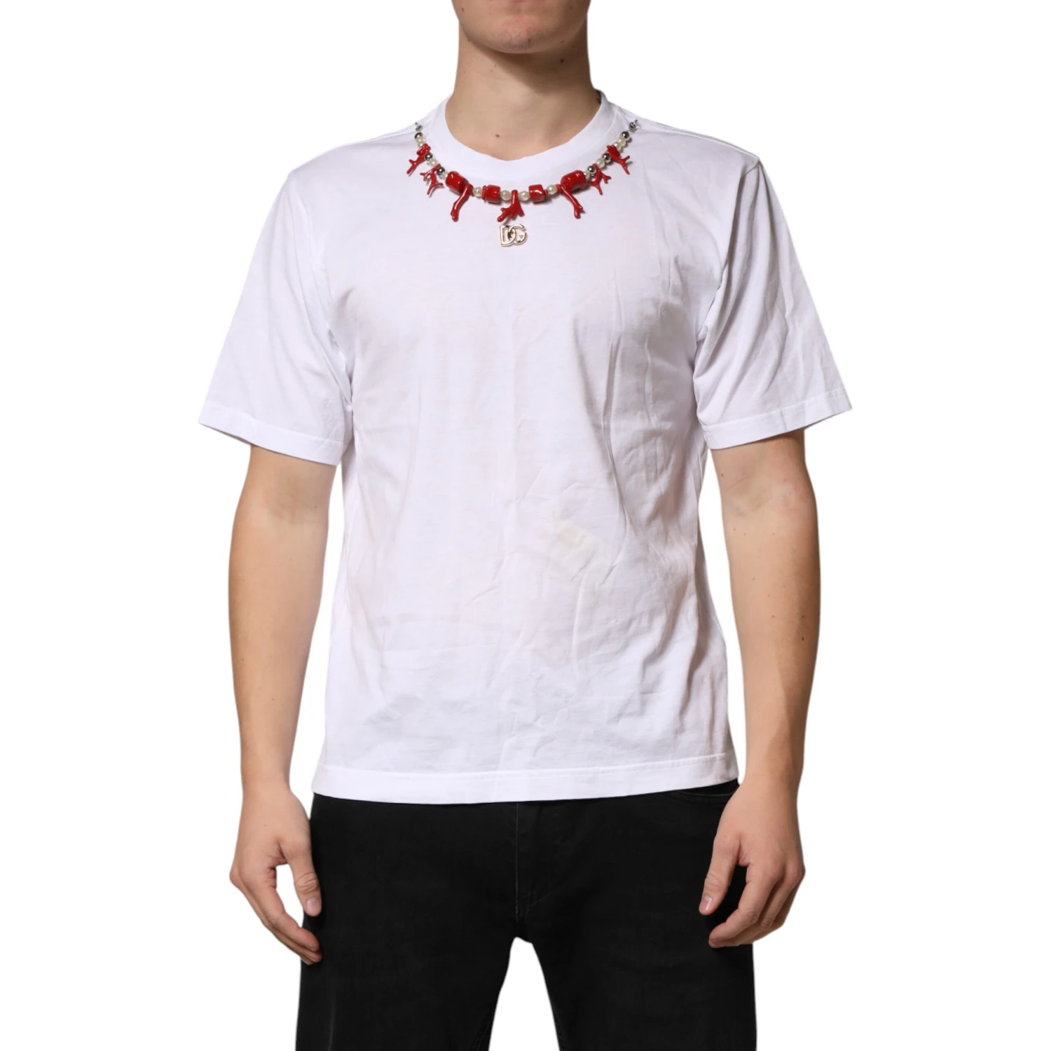 White Cotton Necklace Embellished T-shirt