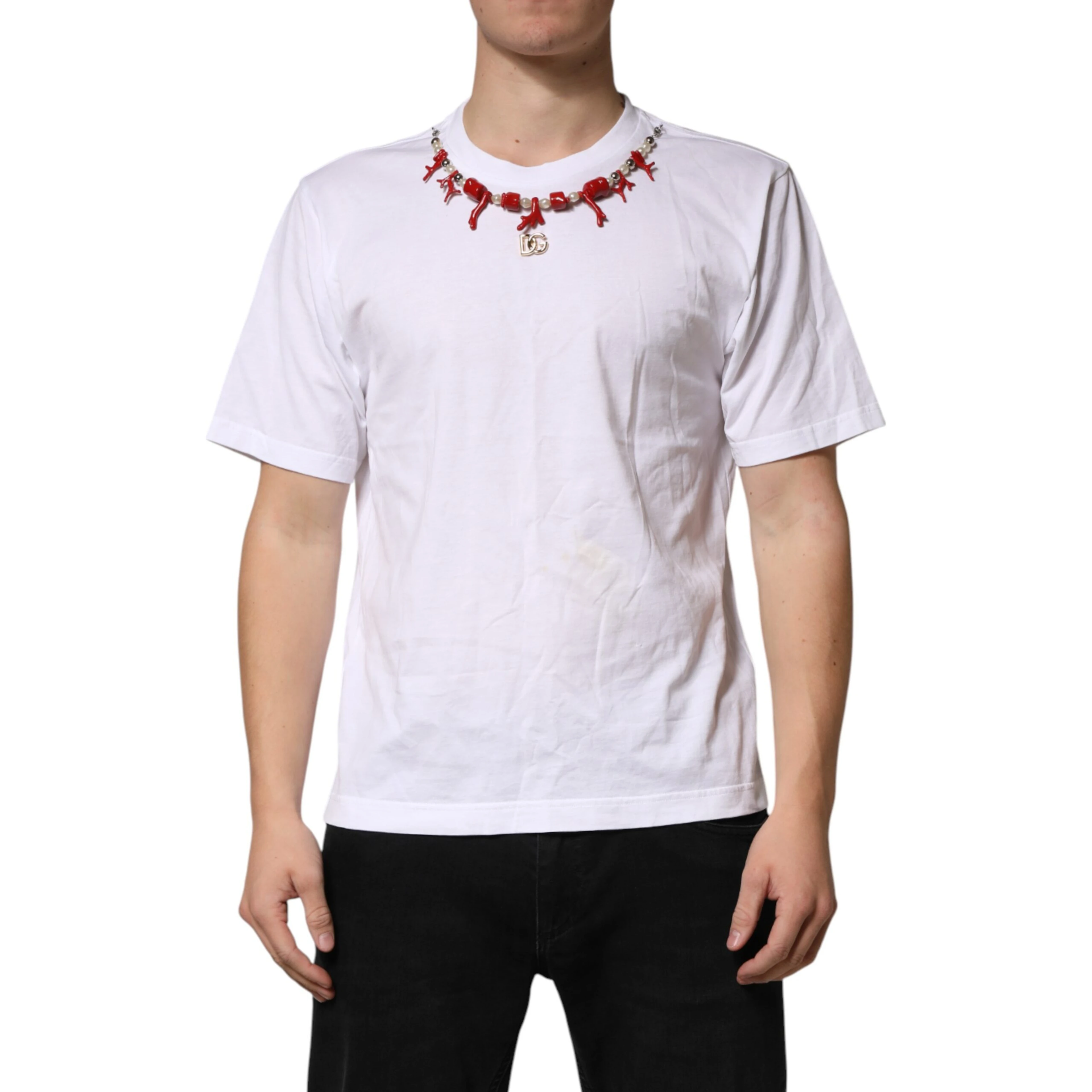 White Cotton Necklace Embellished T-shirt