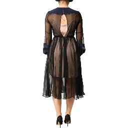 Blue Long Sleeves Sheer Silk Sheath A-line Midi Dress