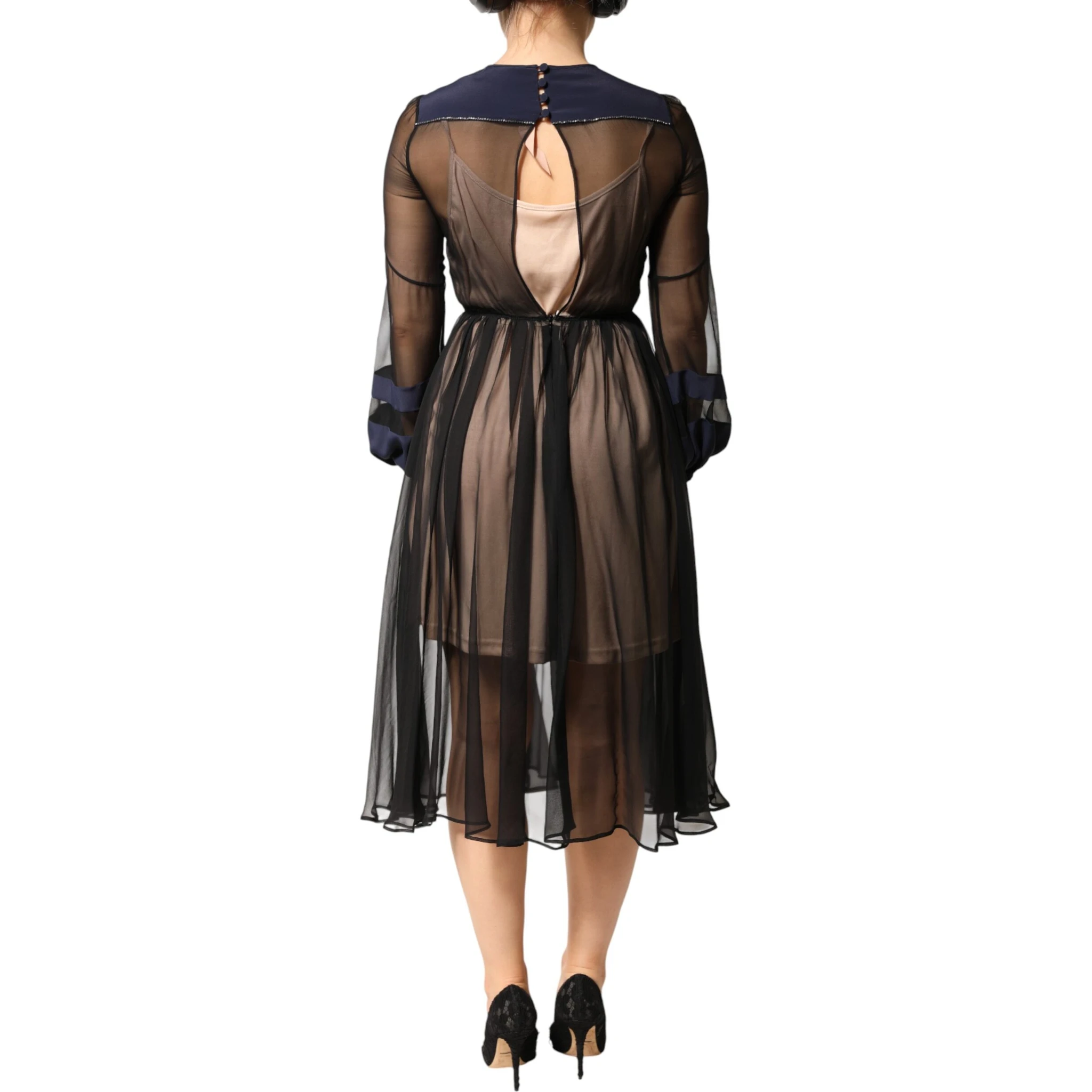 Blue Long Sleeves Sheer Silk Sheath A-line Midi Dress
