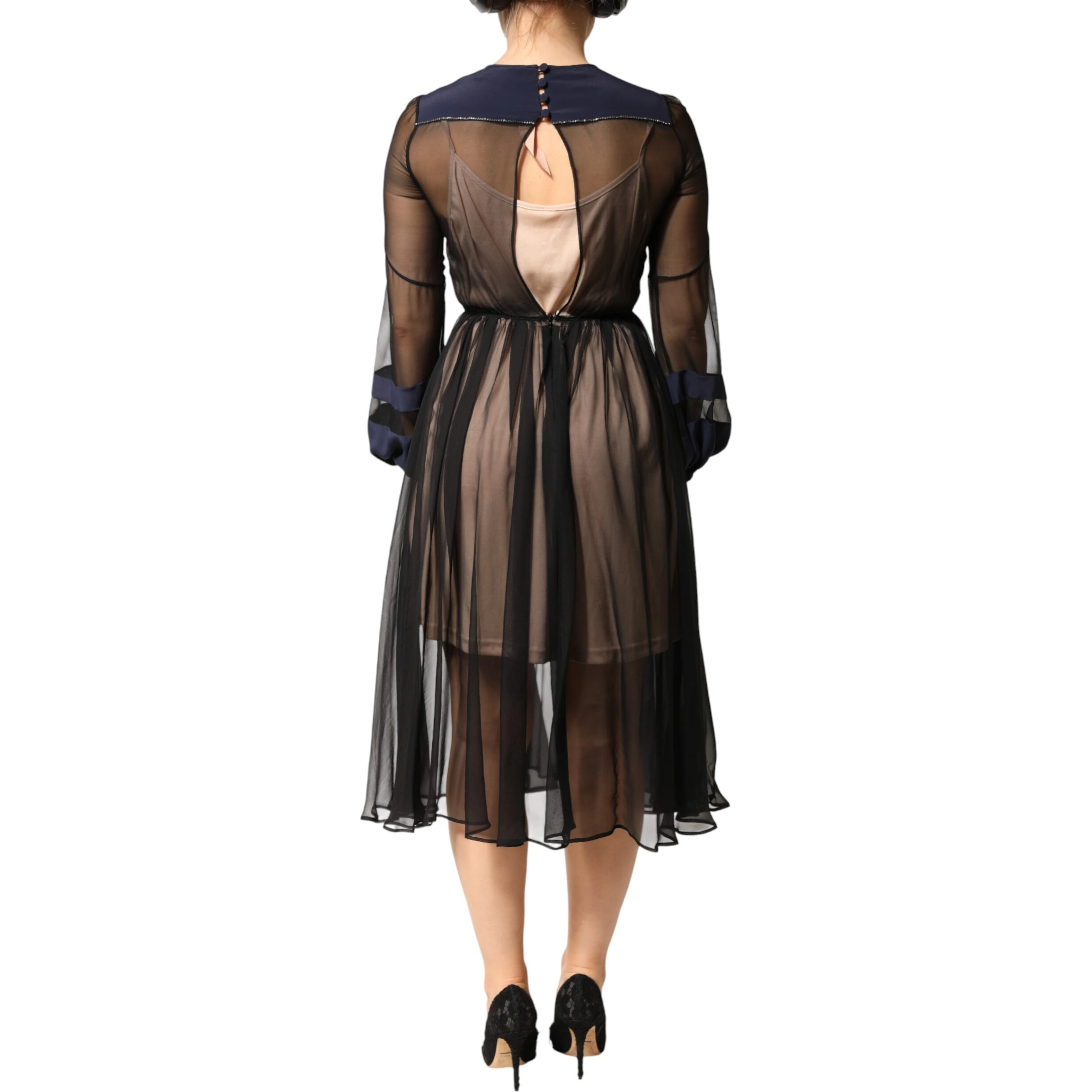 Blue Long Sleeves Sheer Silk Sheath A-line Midi Dress