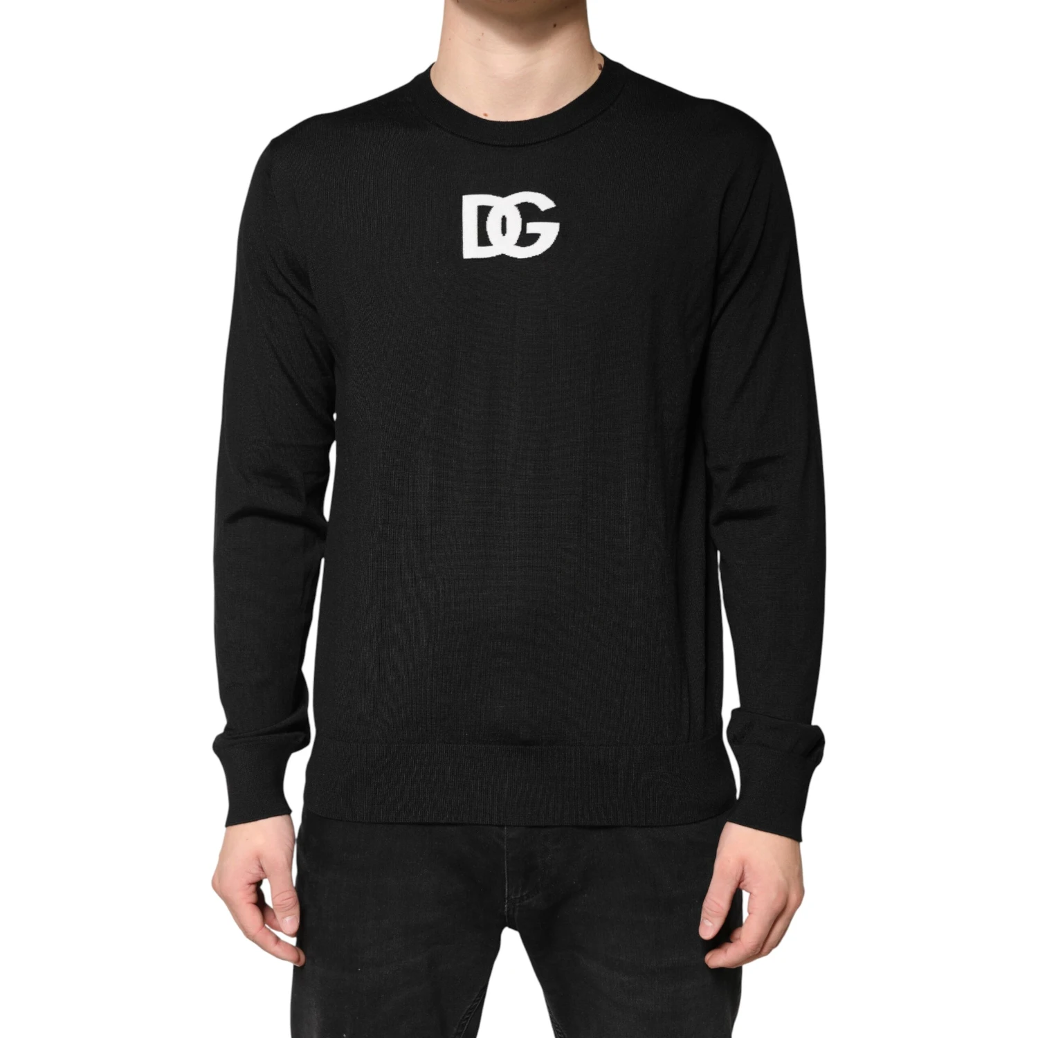 Black Wool DG Crew Neck Men Pullover Sweater