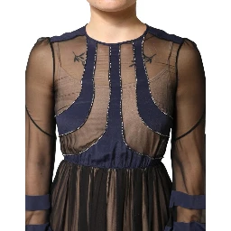 Blue Long Sleeves Sheer Silk Sheath A-line Midi Dress
