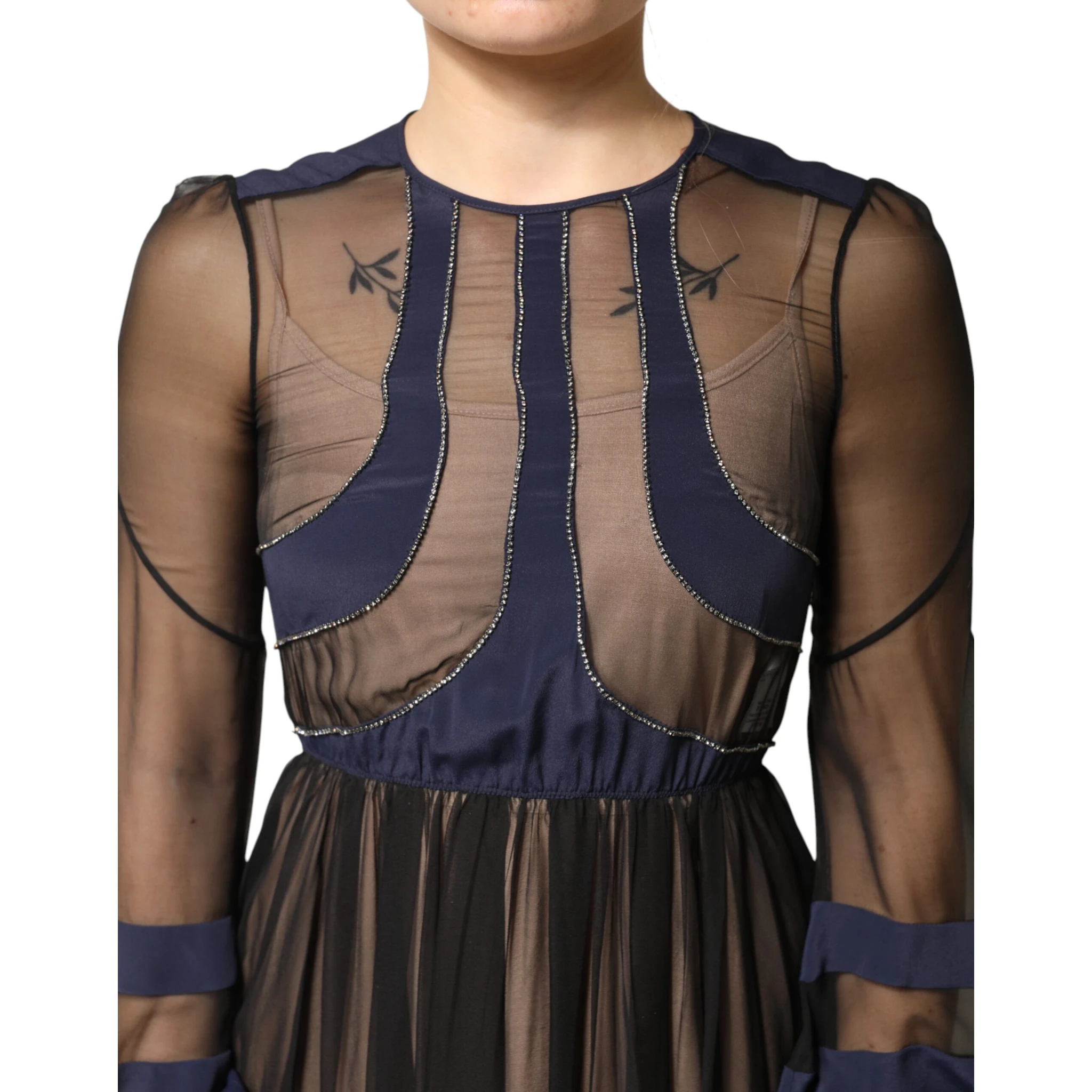 Blue Long Sleeves Sheer Silk Sheath A-line Midi Dress