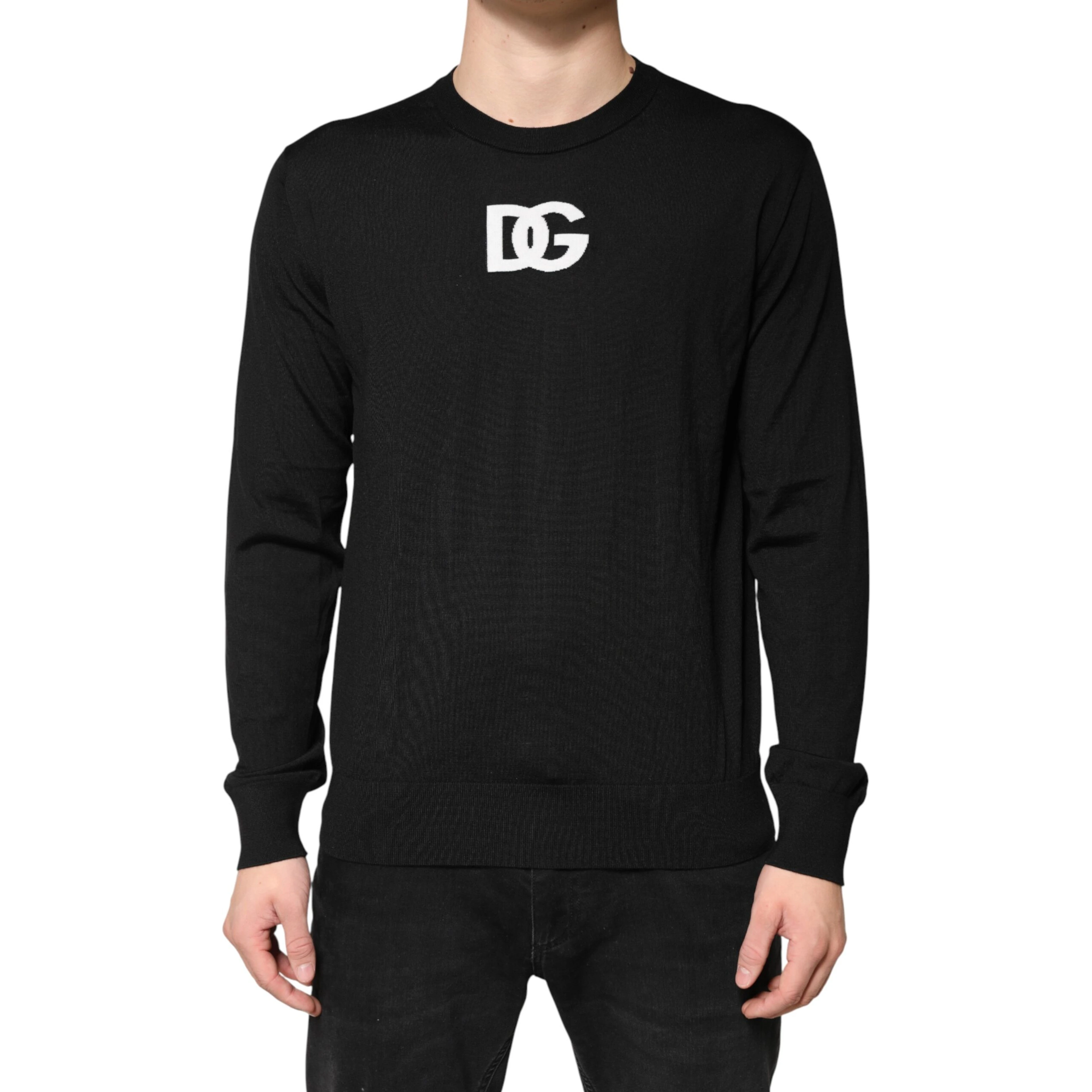 Black Wool DG Crew Neck Men Pullover Sweater