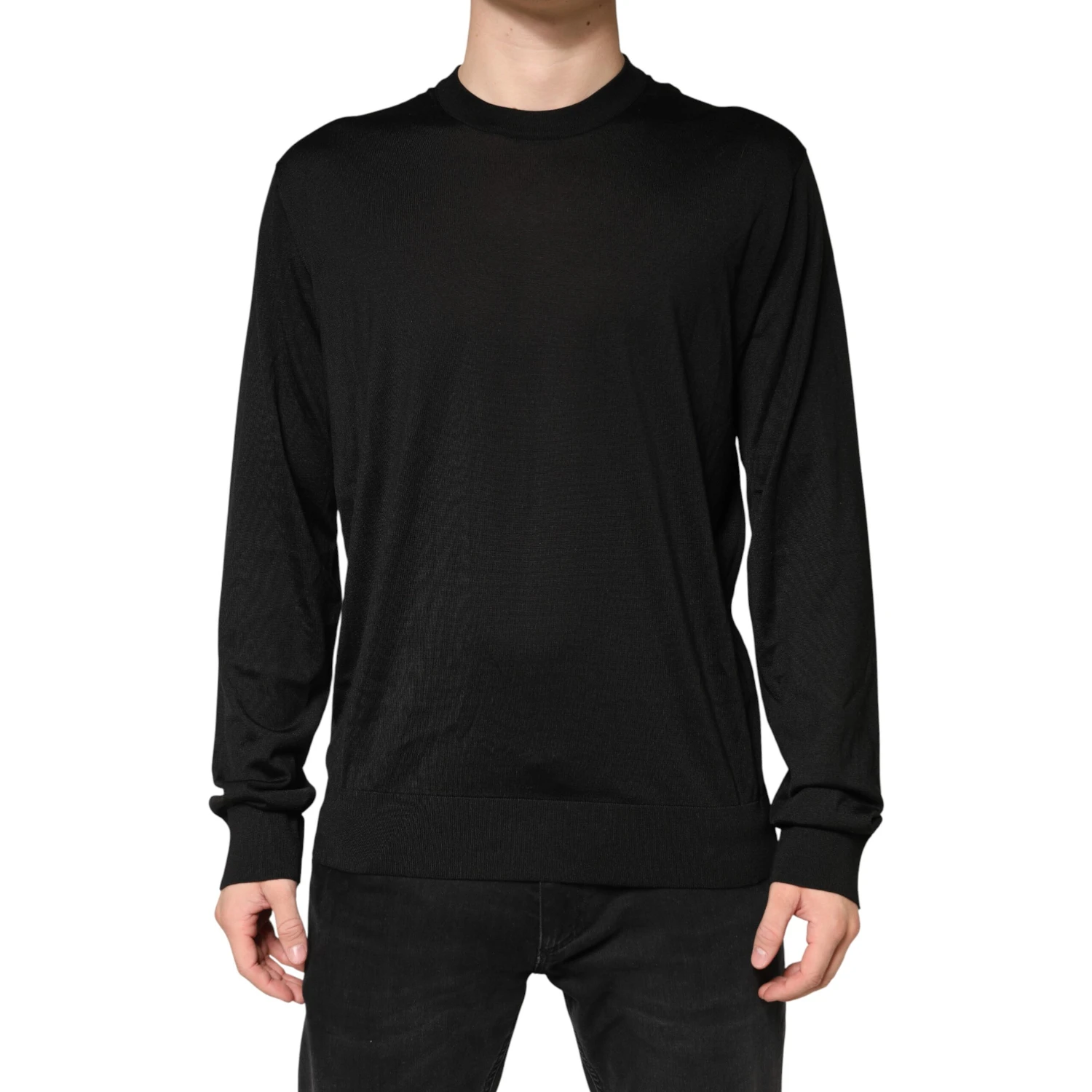 Black Silk Men Crew Neck Pullover Sweater