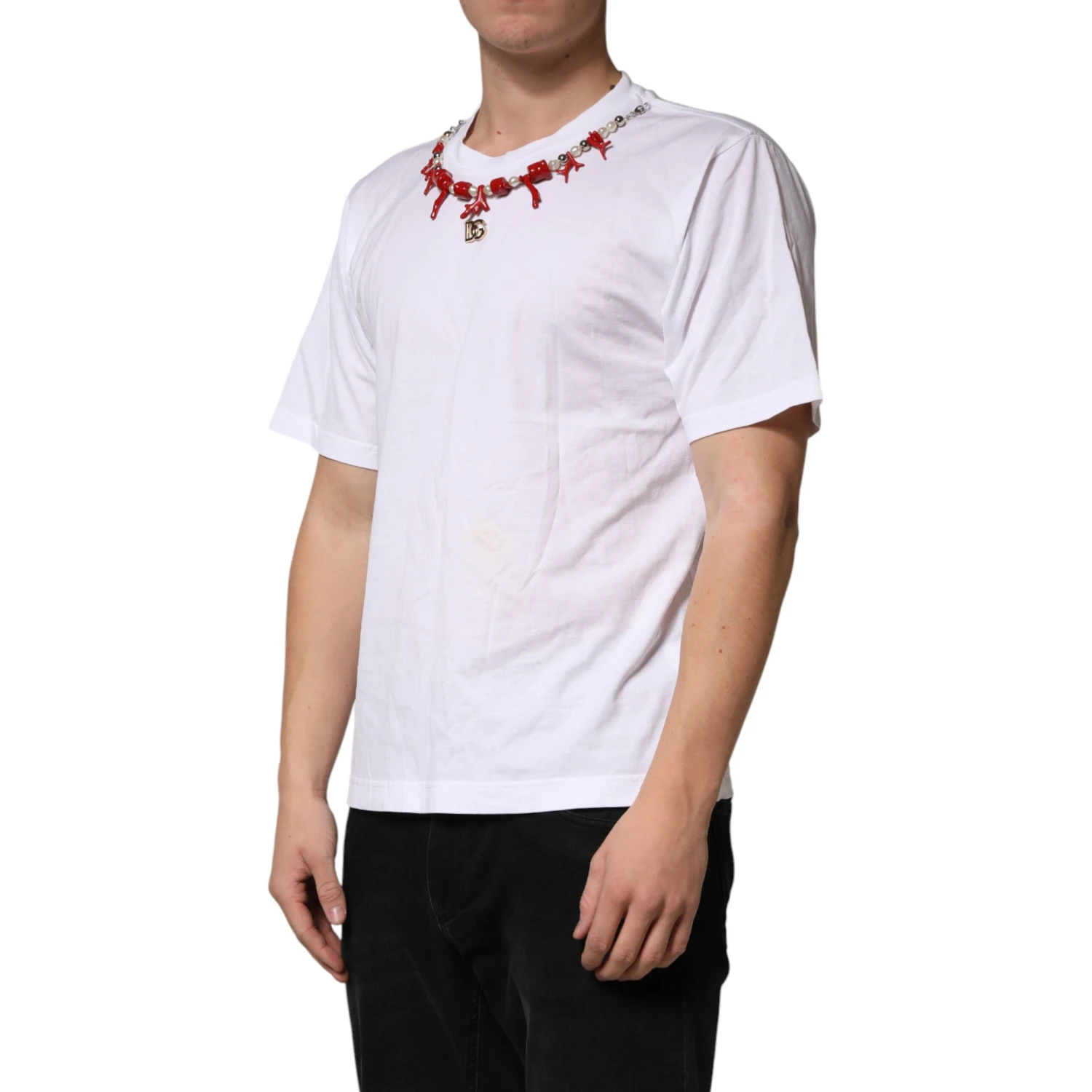White Cotton Necklace Embellished T-shirt