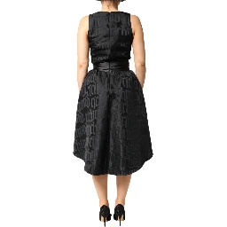 Black Jacquard Deep V-neck Sleeveless 2 Pc Dress