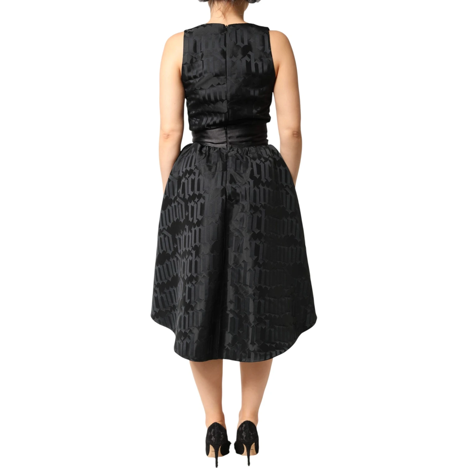 Black Jacquard Deep V-neck Sleeveless 2 Pc Dress