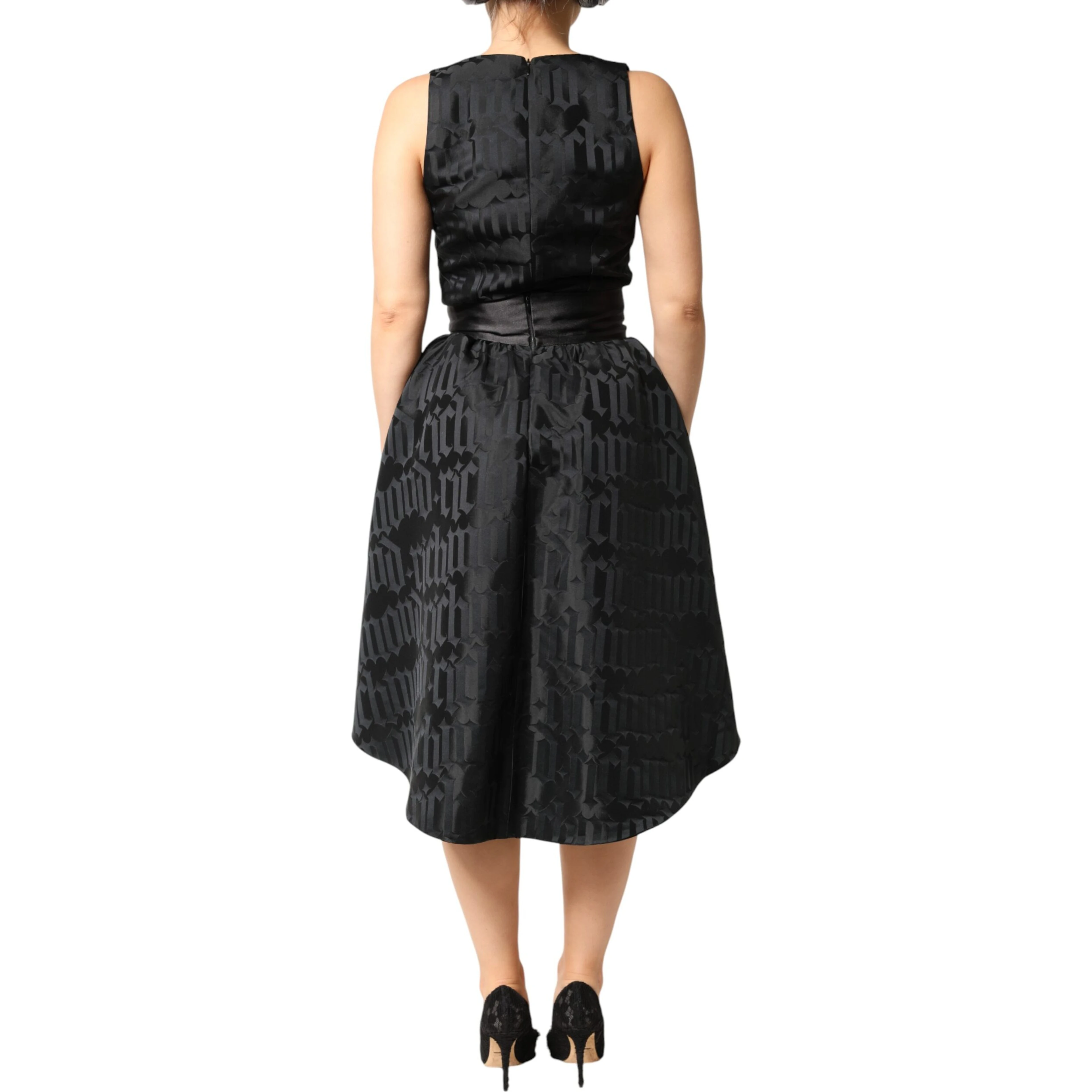 Black Jacquard Deep V-neck Sleeveless 2 Pc Dress